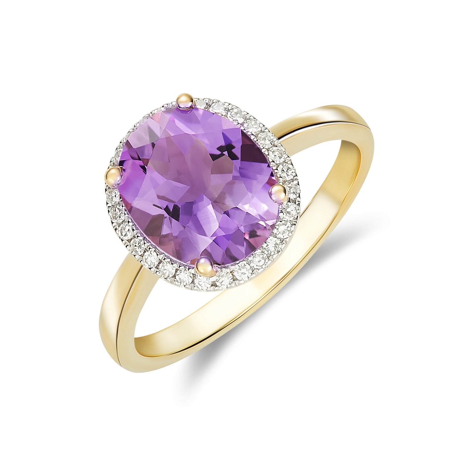 9CT YG 10X8 OVAL AMETHYST & DIAMOND CLAW SET CLUSTER RING. RHODIUM TO DIAMONDS 1