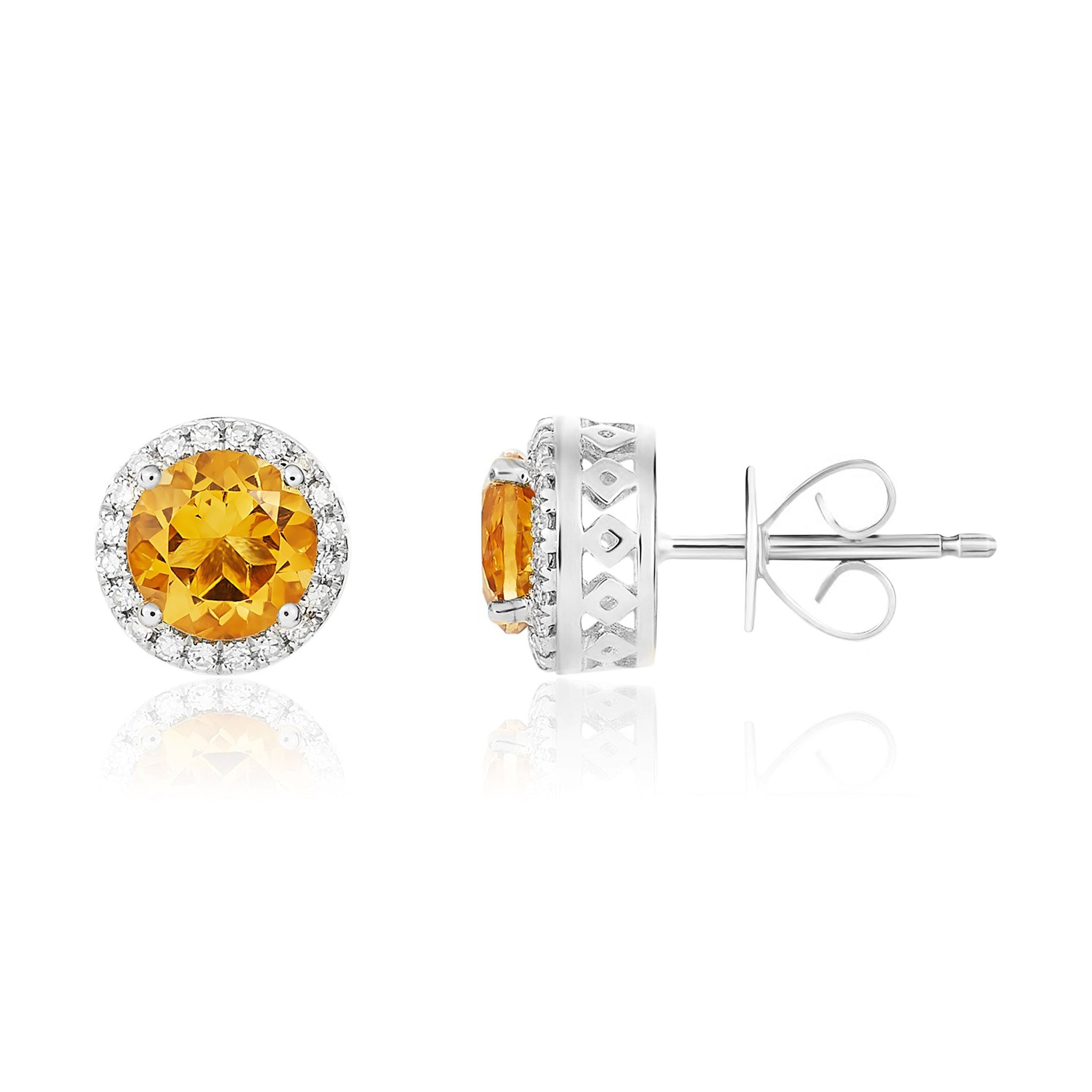 9ct White Gold 6mm Round Citrine and Diamond Claw Cluster Earrings