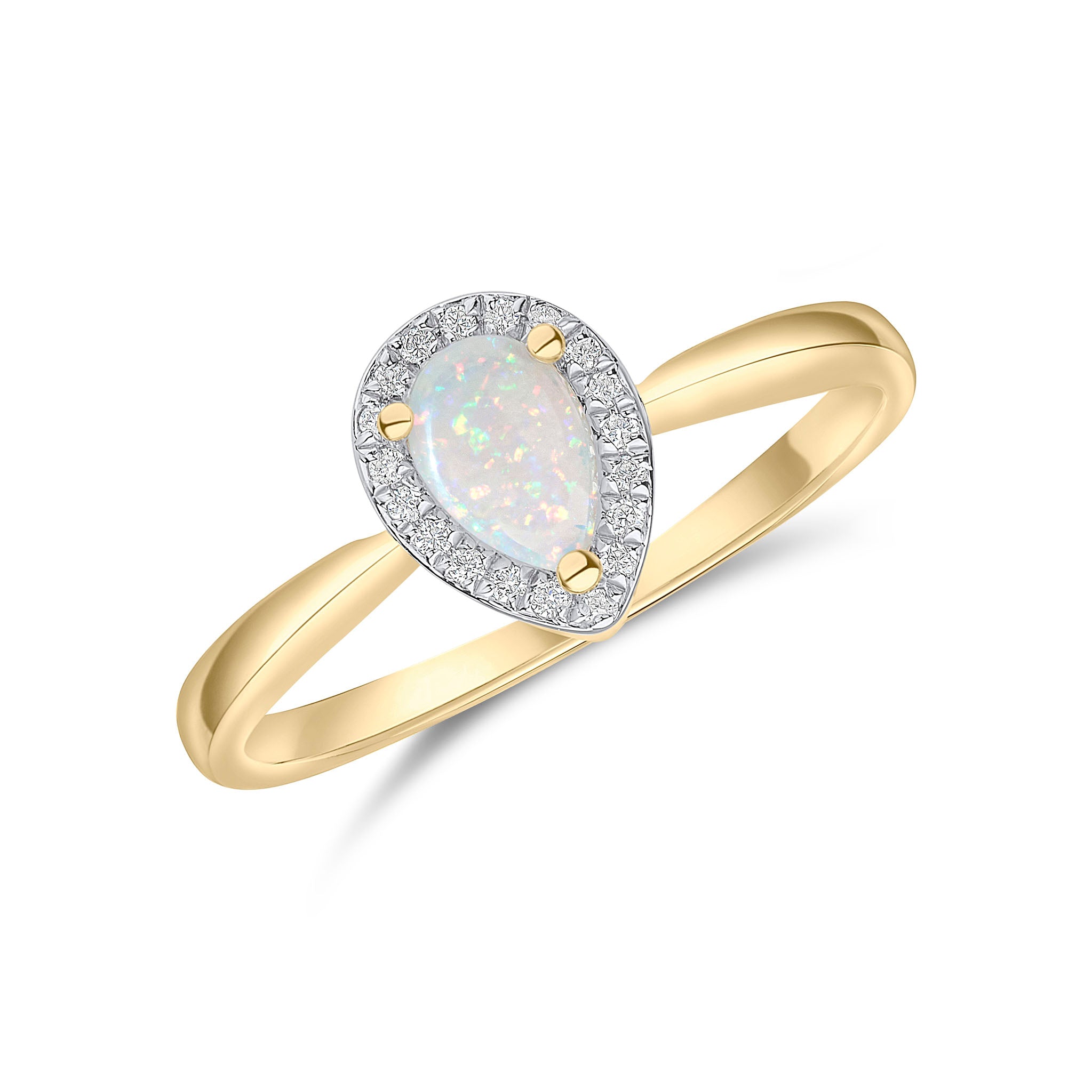 18ct Yellow Gold Claw Set 6x4 Pear Shape Opal and Round Diamond Grain Set Cluster Ring Rhodium to Diamonds