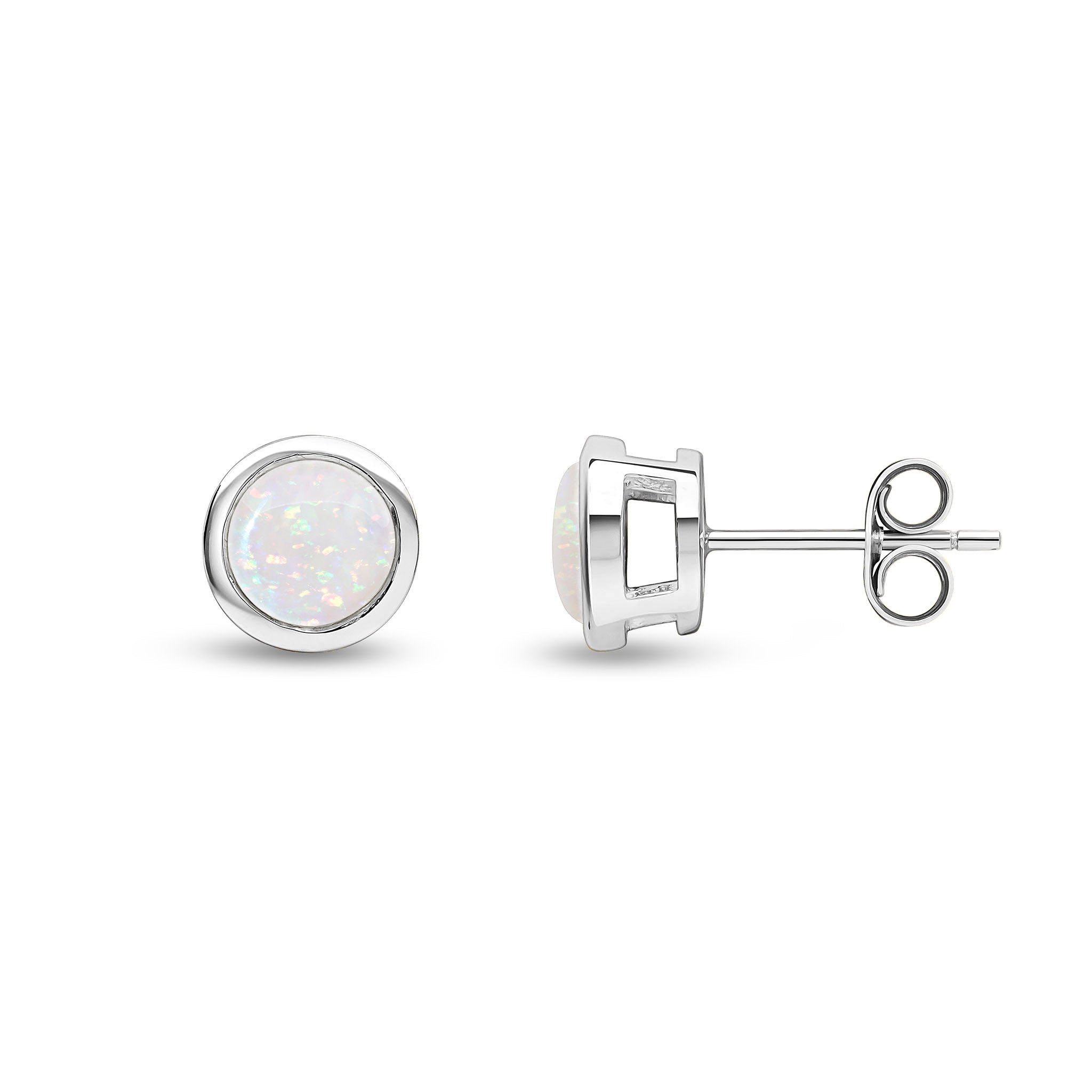 9ct White Gold 6mm Round Opal Rubover Earrings