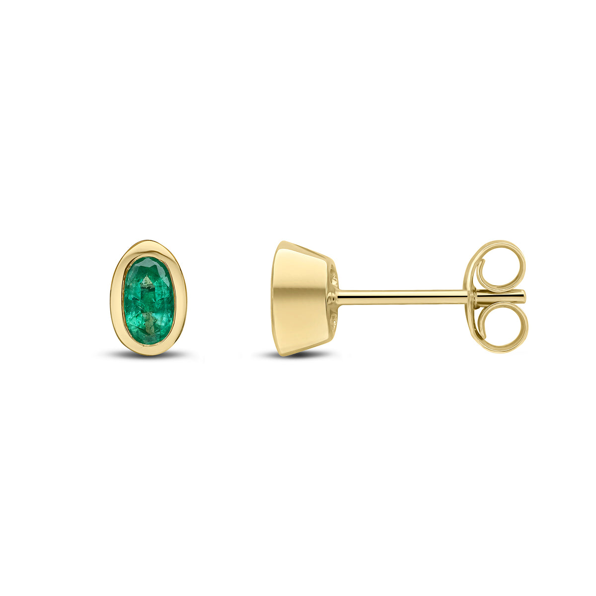 9ct Yellow Gold 5x3mm Oval Emerald Rubover Stud Earrings