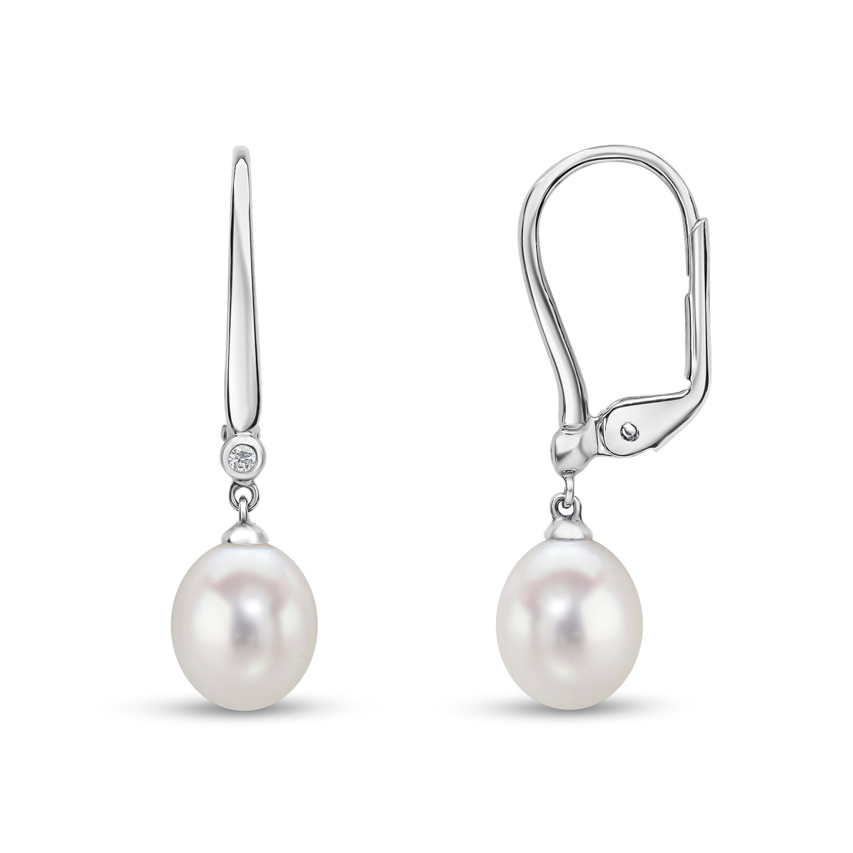 18ct White Gold Cfw Pearl & Diamond 2 Stone Drop Earrings On Hook Clip Fitting