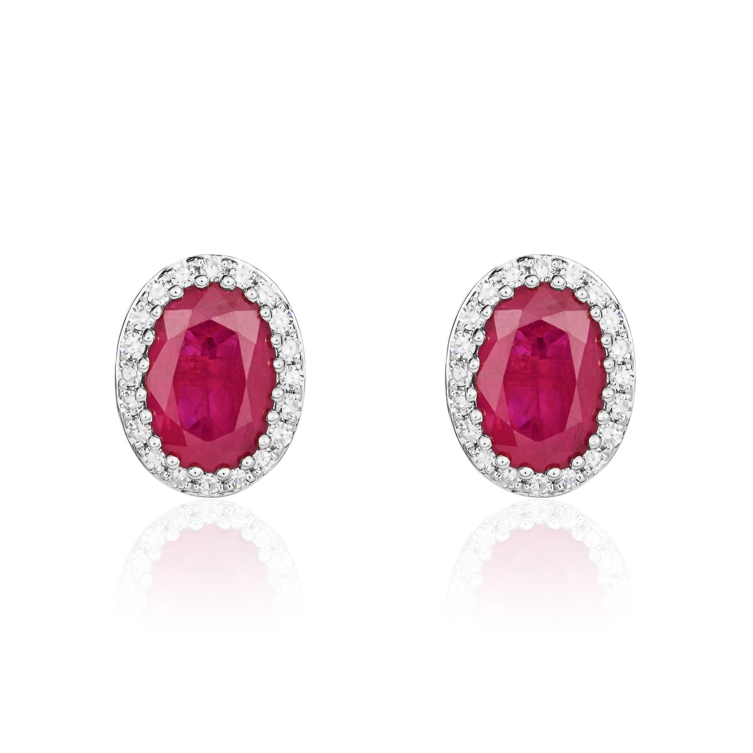 9ct White Gold Oval Ruby & Diamond Cluster Earrings