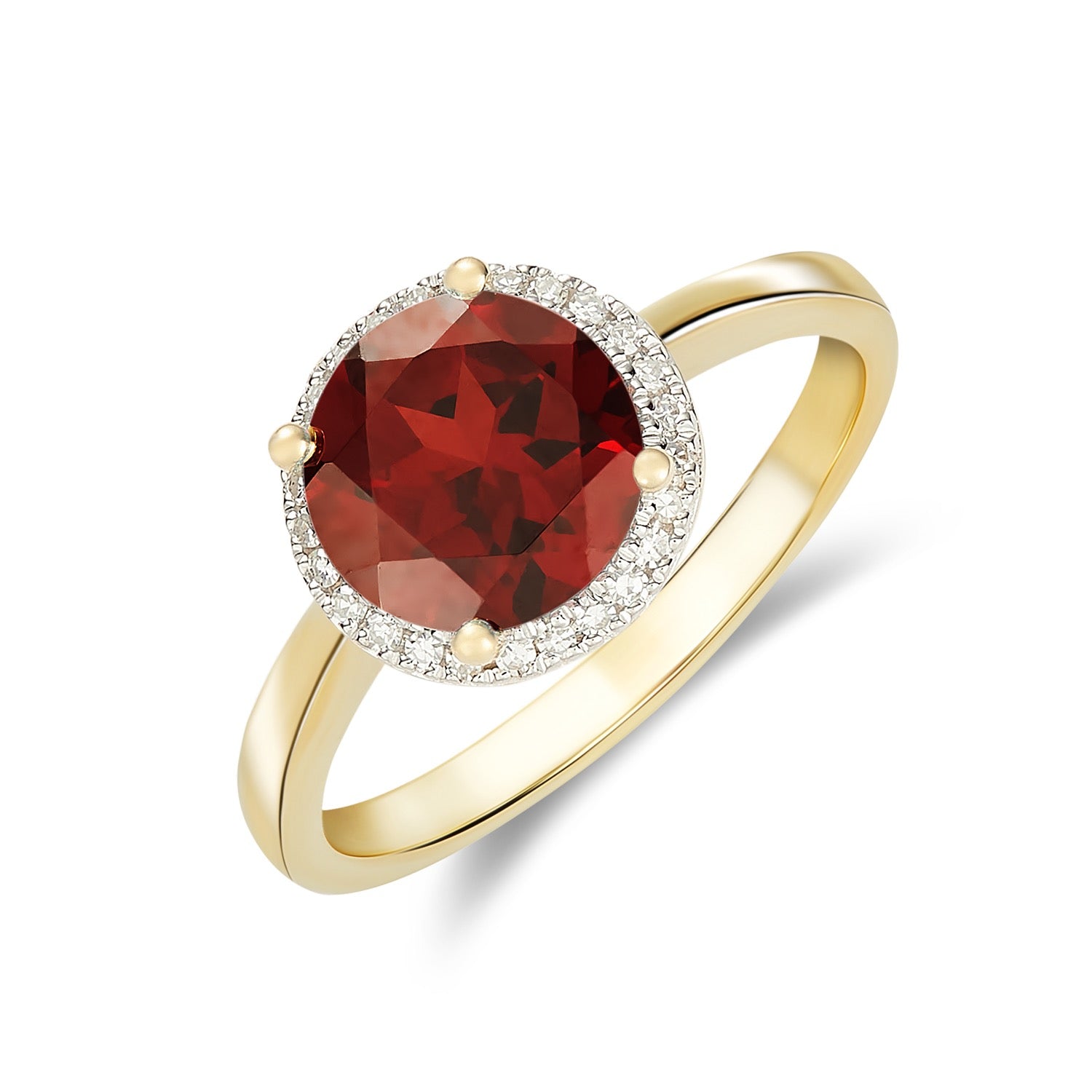 9ct Yellow Gold 8mm Round Garnet and Diamond Claw Cluster Ring Rhdoium to Diamonds