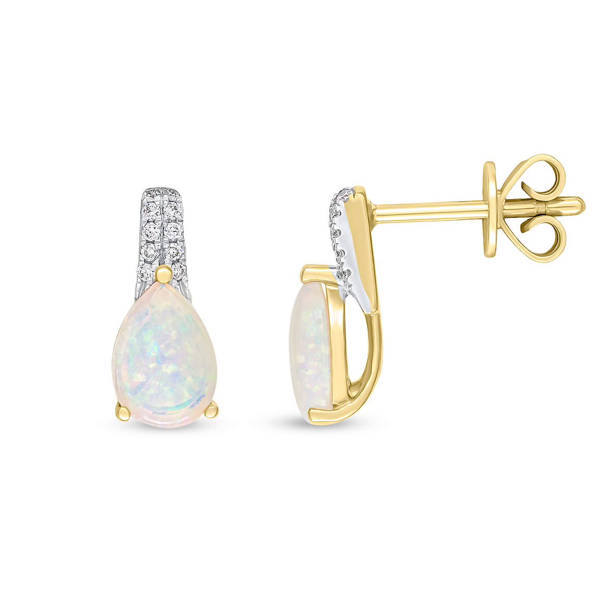 18ct Yellow Gold Claw Set Pear Shape Opal & Grain Set Round Diamond Bar Top Drop Earrings