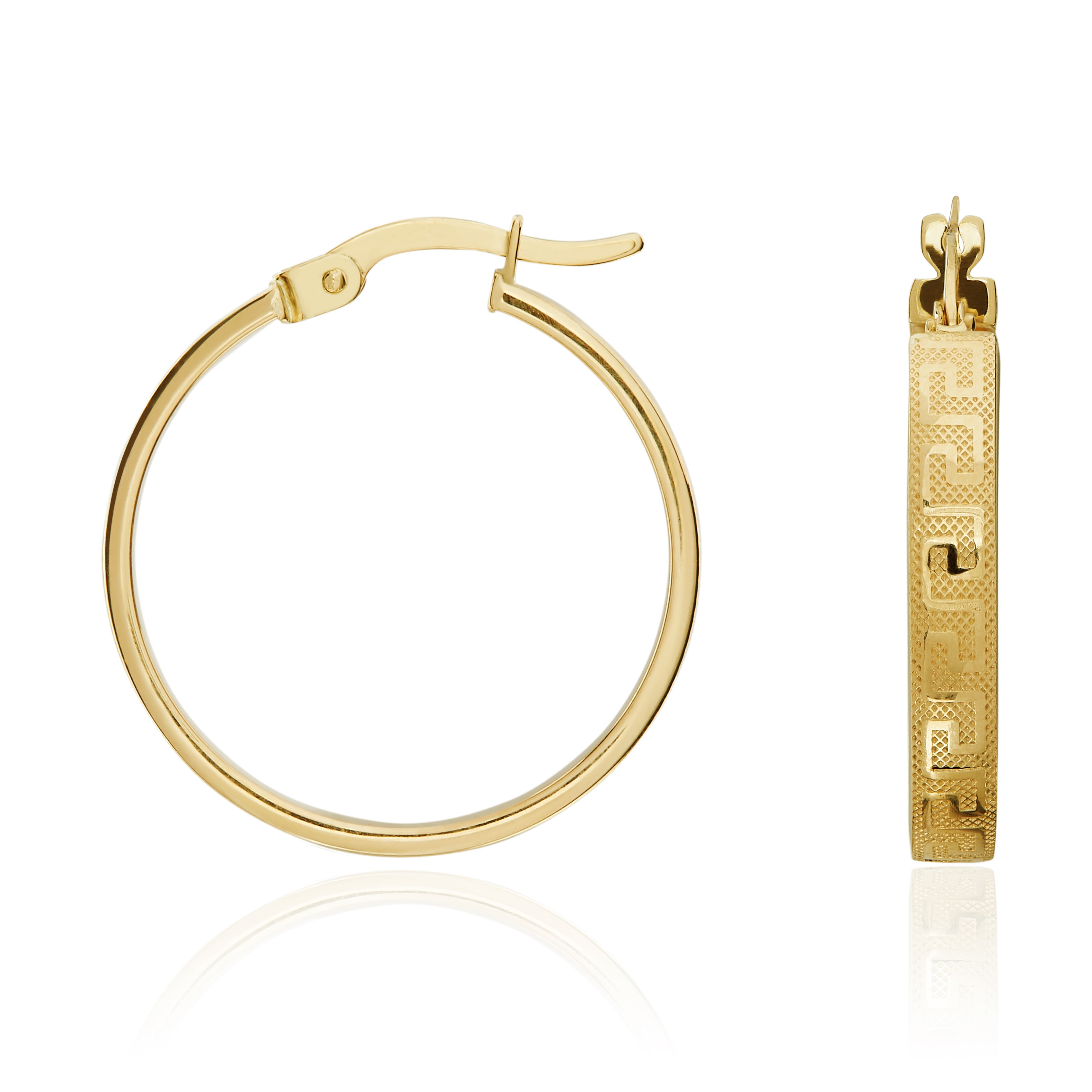 9ct yellow gold Square Section Greek Key Design Round Hoop Earrings