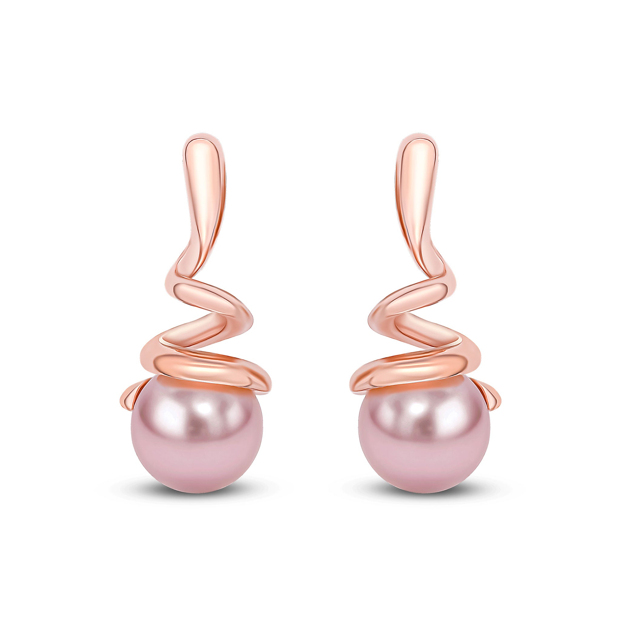 9ct rose gold Pink Round freshwater cultured pearl & Spiral Drop Earrrings