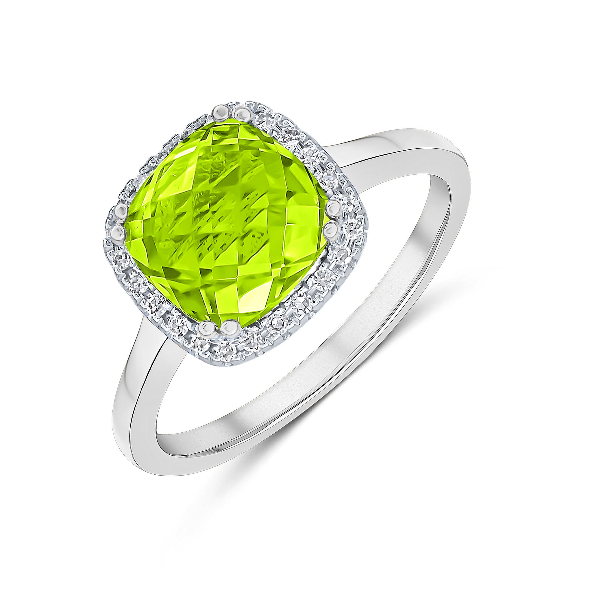 9ct White Gold 8mm Checkerboard Cut Cushion Peridot & Round Diamond Claw Set Cluster Ring