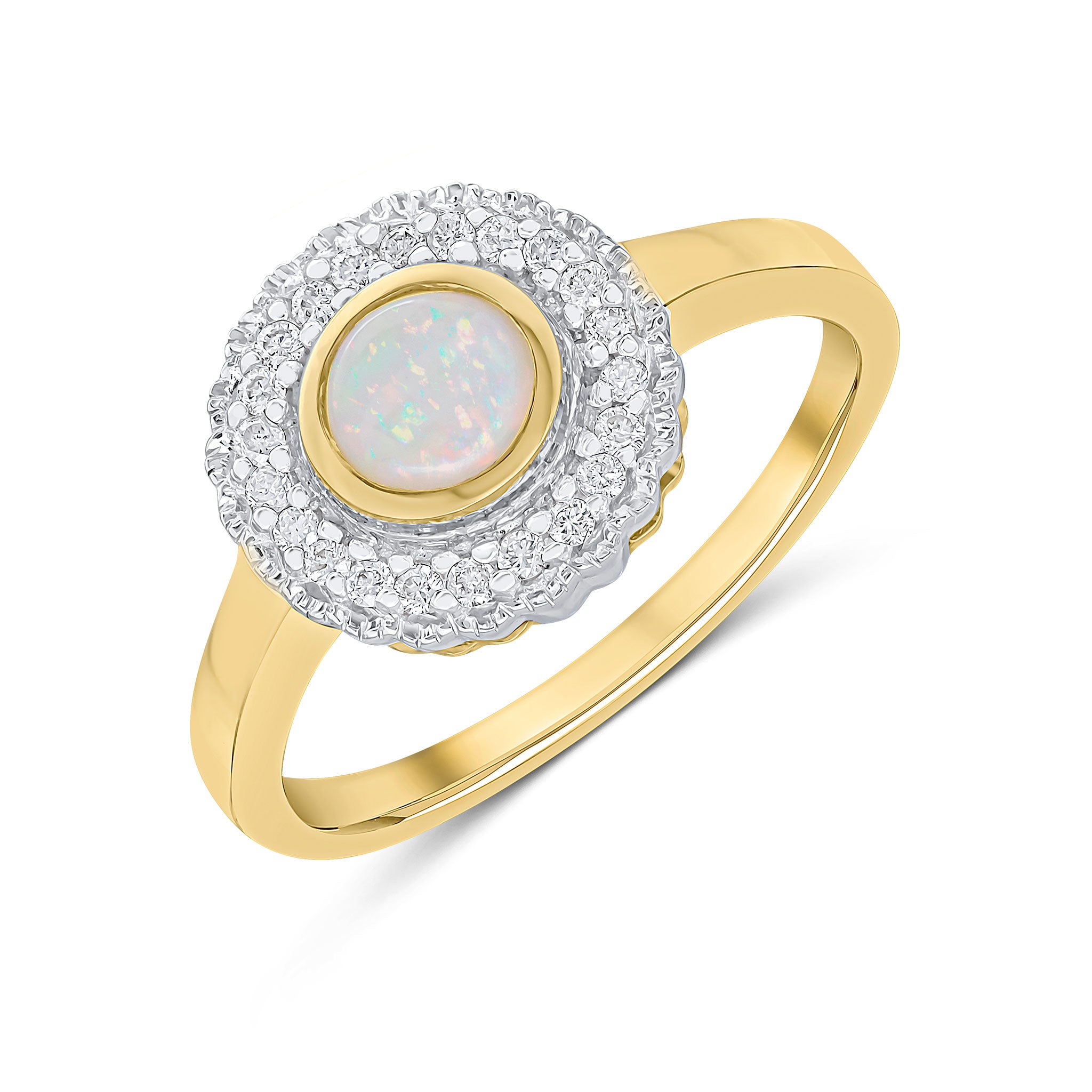 9ct Yellow Gold Round Rubover Opal and Milgrain Round Diamond Cluster Ring Rhodium to Diamonds