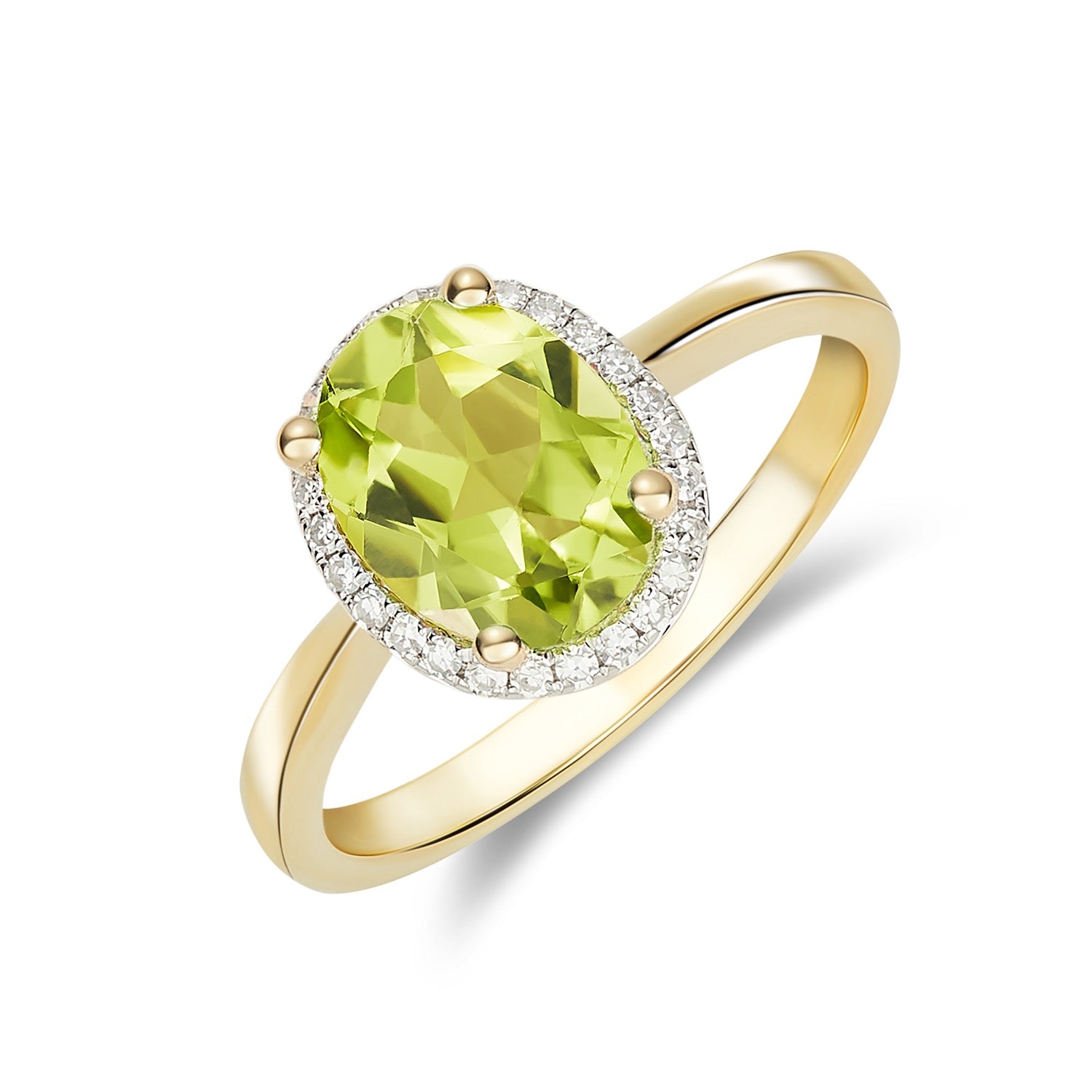 9ct Yellow Gold 9x7 Oval Peridot and Diamond Claw Set Cluster Ring Rhodium to Diamonds