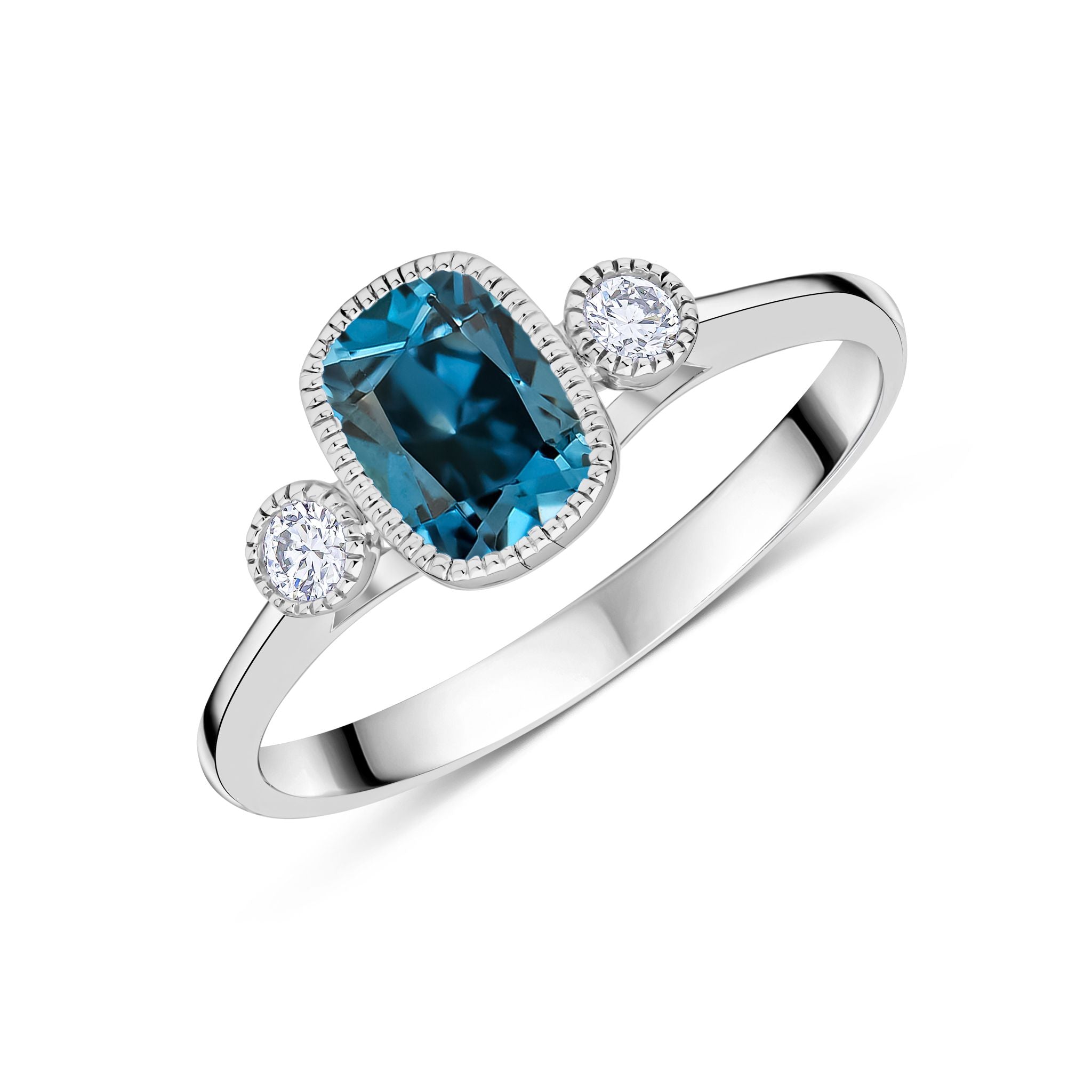 9ct White Gold 7x5 Cushion London Blue Topaz & Round Diamond Milgrain Set 3 Stone Ring