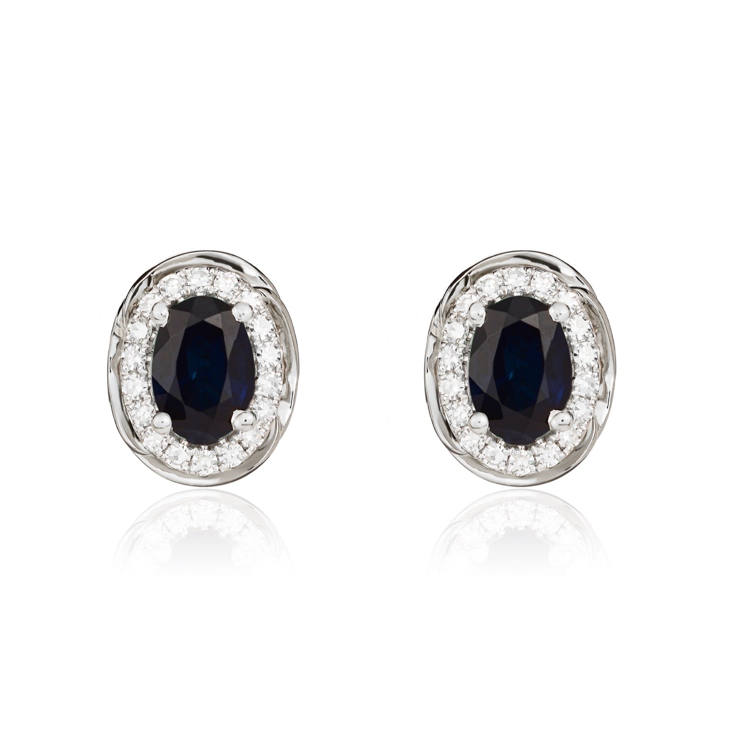 9ct White Gold Oval Blue Sapphire & Diamond Cluster Earrings