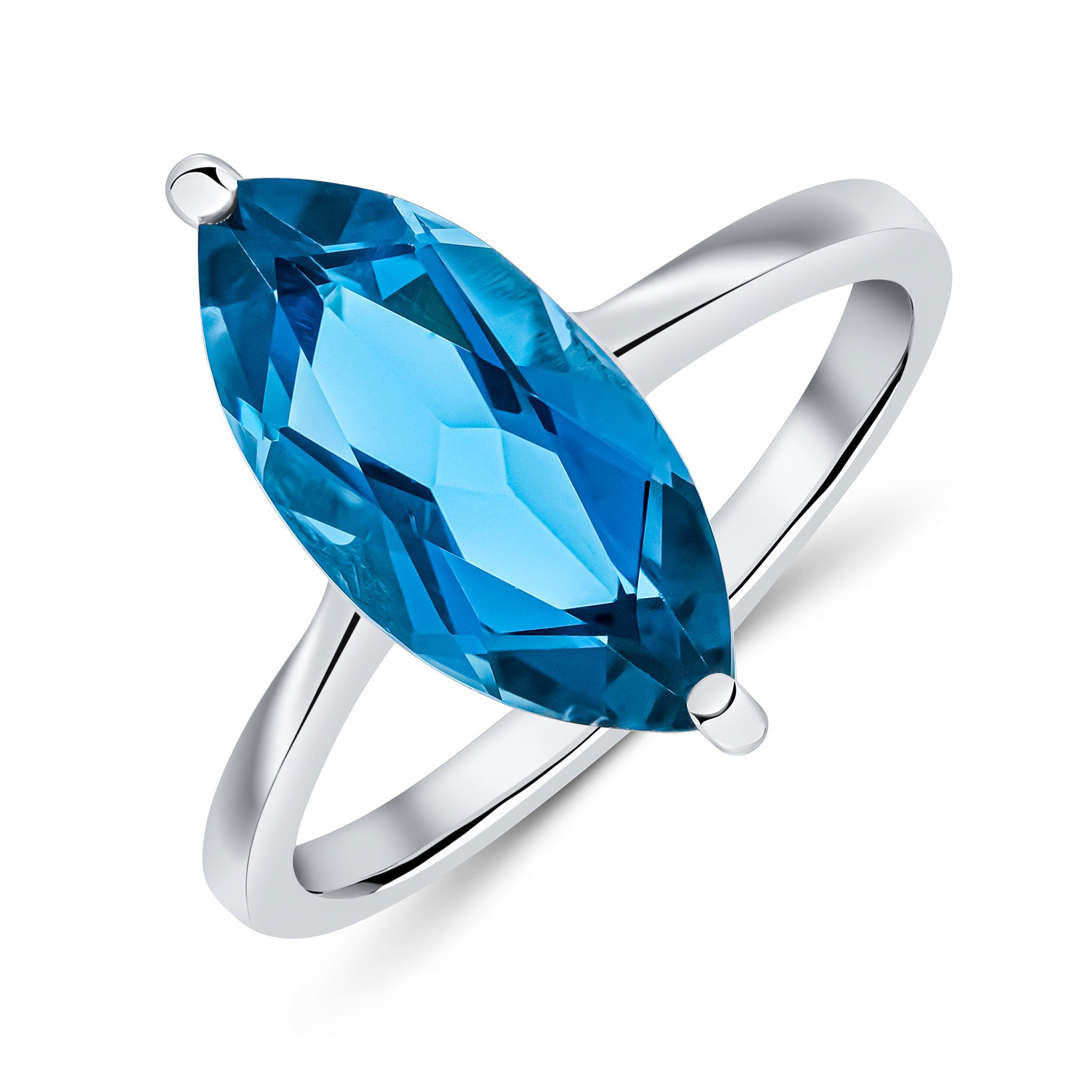 9ct White Gold 15x7 Marquise London Blue Topaz Claw Set Single Stone Ring