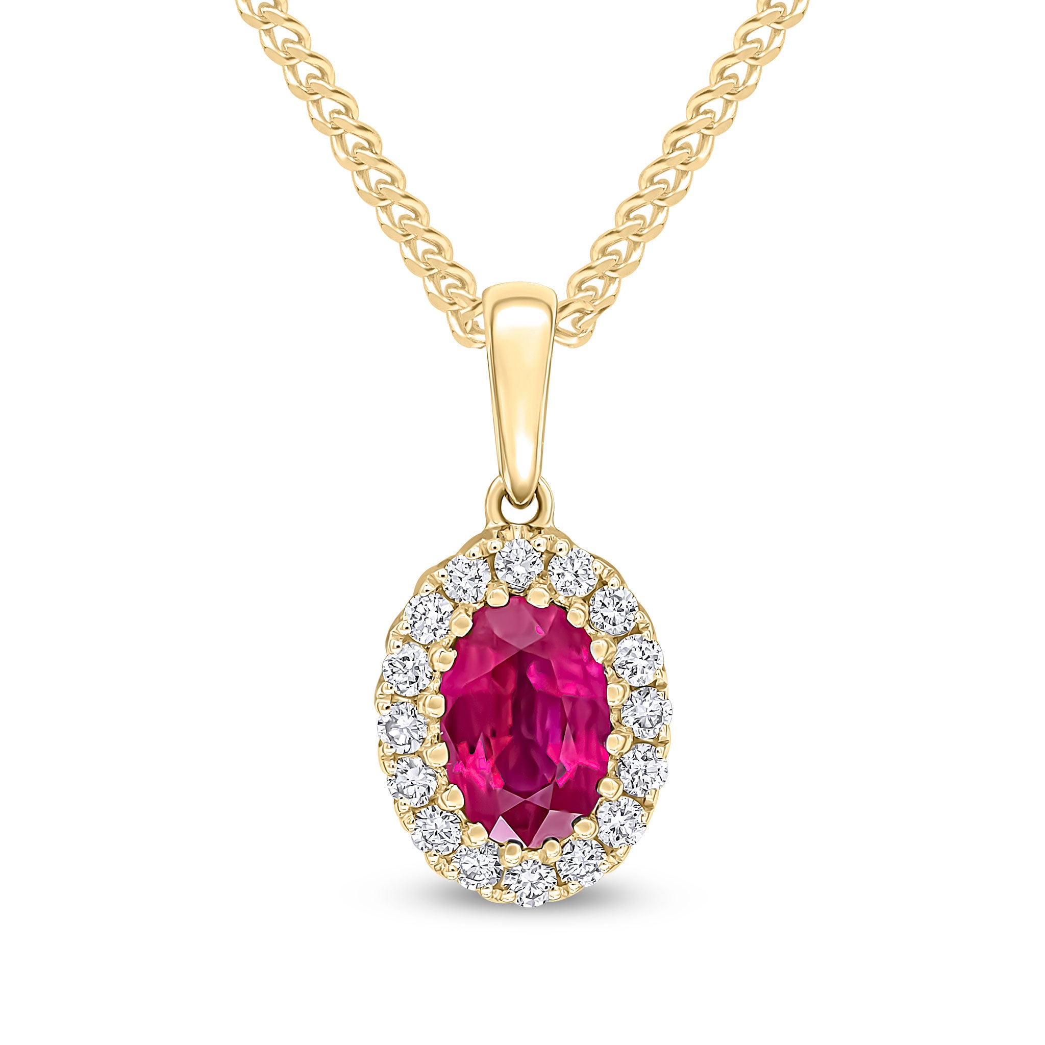 18ct Yellow Gold 6x4 Oval Ruby and Round Diamond Claw Set Cluster Pendant