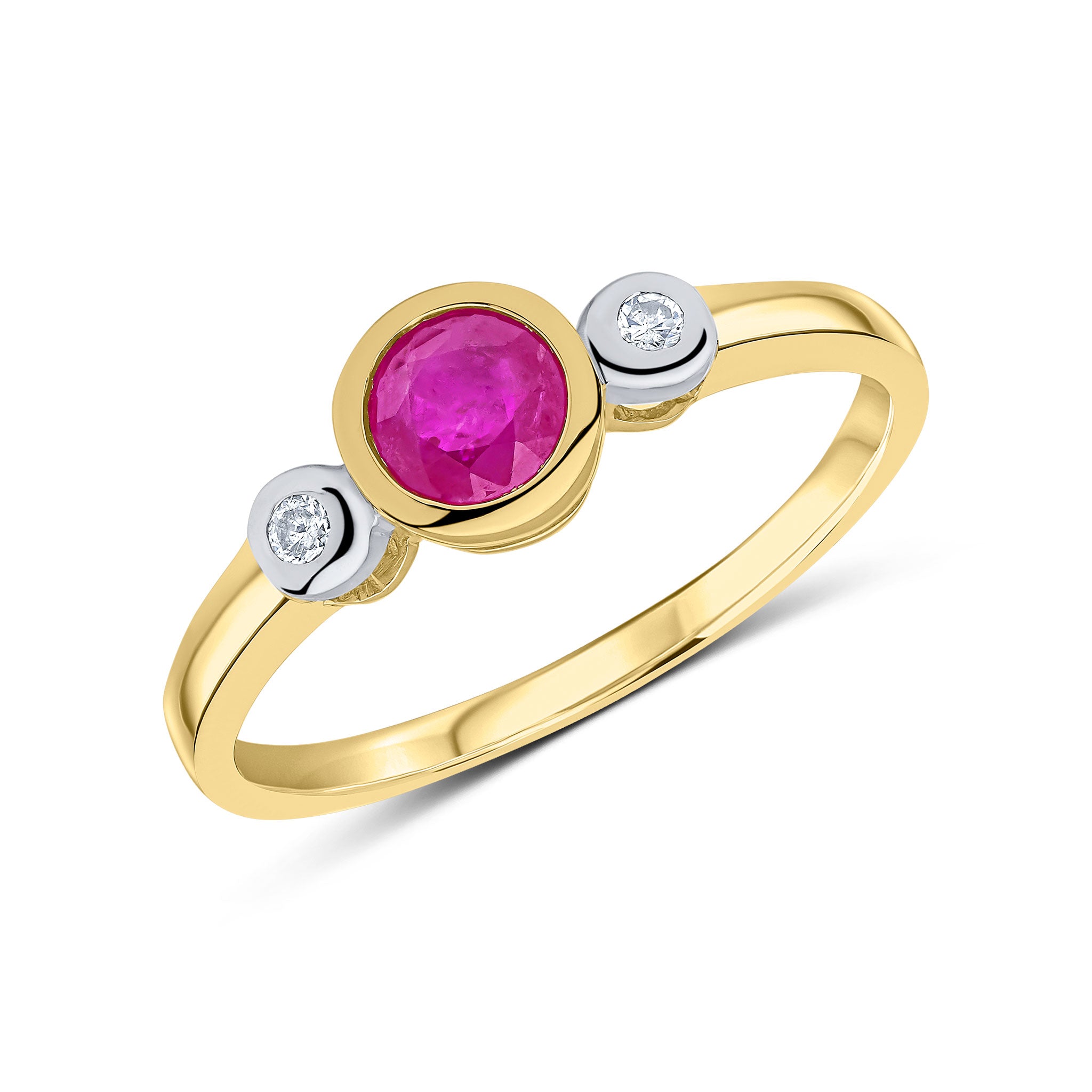 9ct Yellow Gold 5mm Round Ruby and Diamond Rubover 3 Stone Ring Rhodium to Diamonds