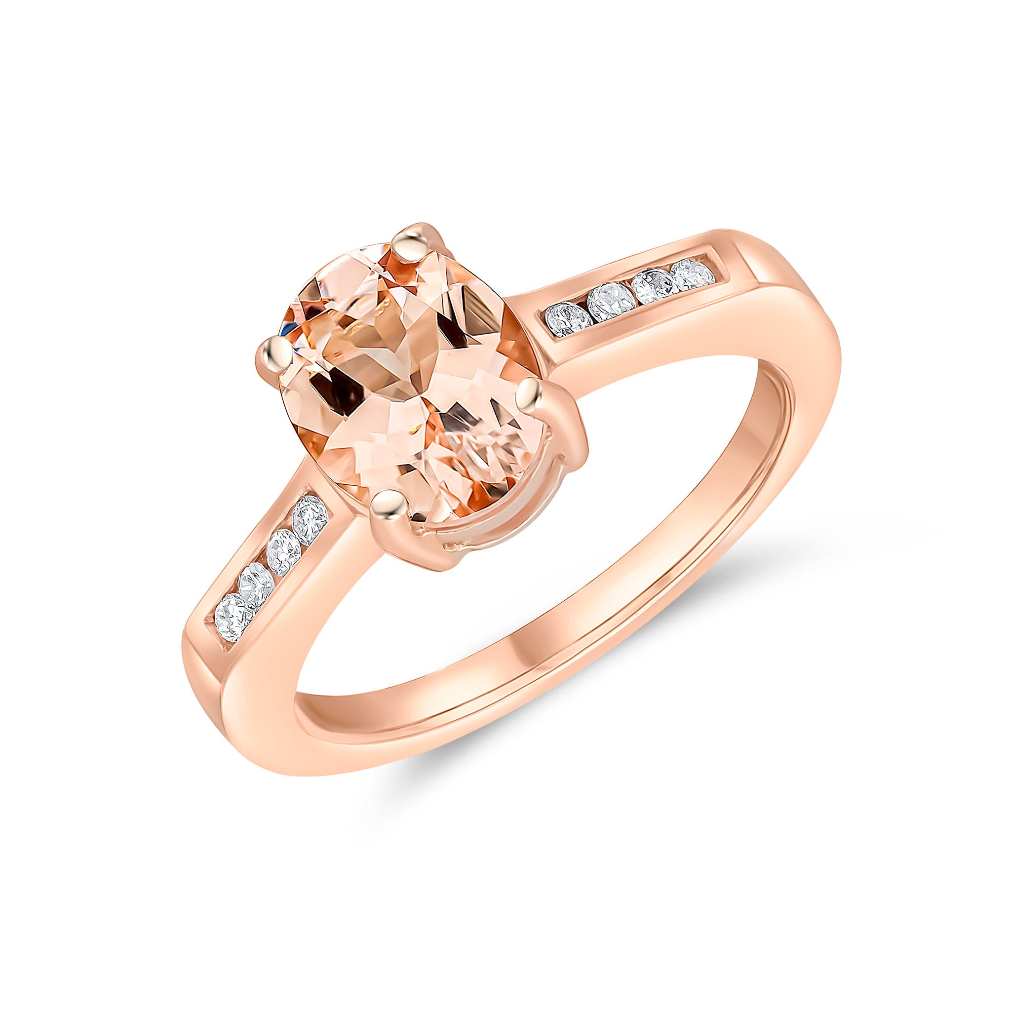 9ct Rose Gold 9x7mm Claw Set Oval Morganite Single Stone Ring with Channel Set Diamond Shoulders
