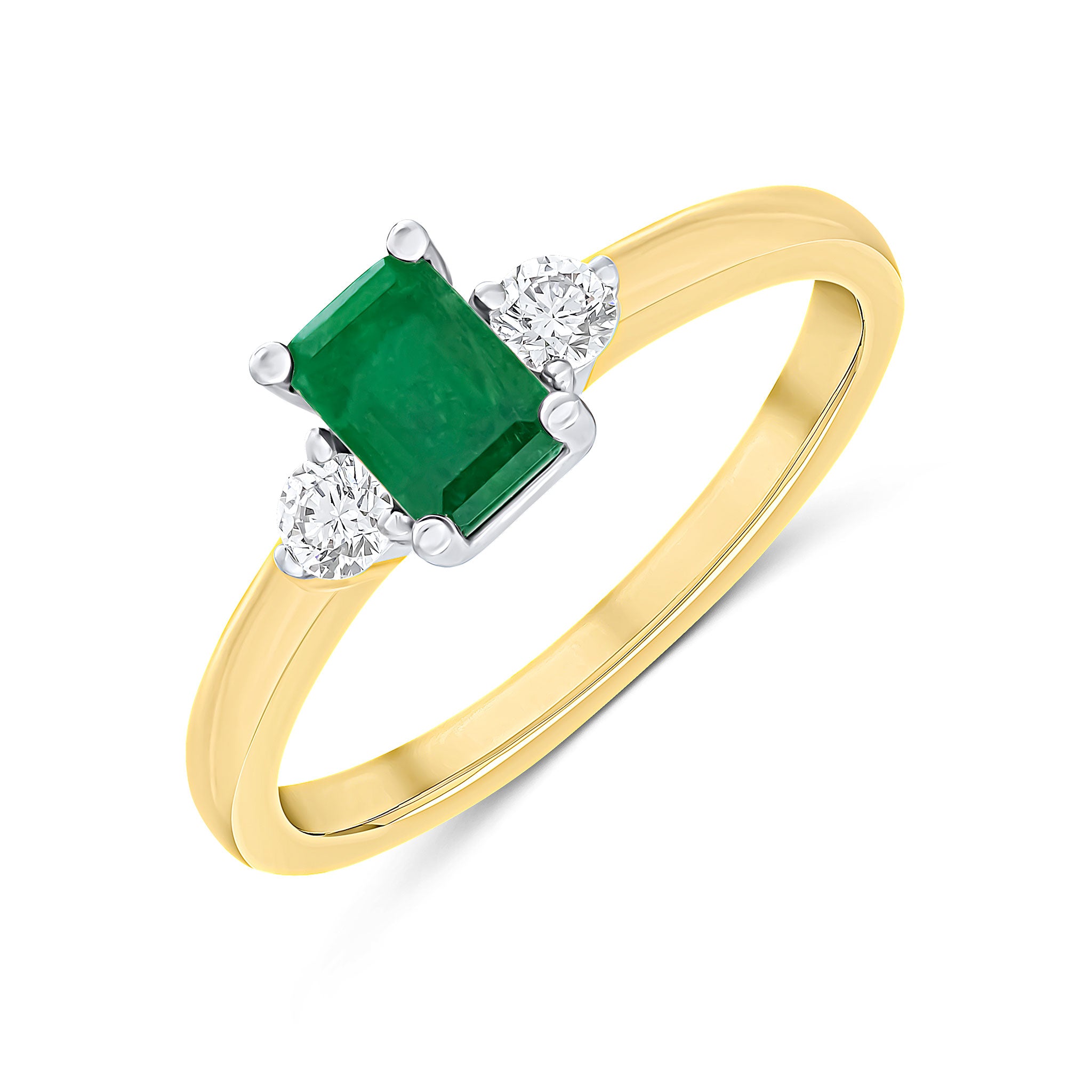 18ct Yellow & White Gold Octagon Emerald and Round Diamond Claw Set 3 Stone Ring