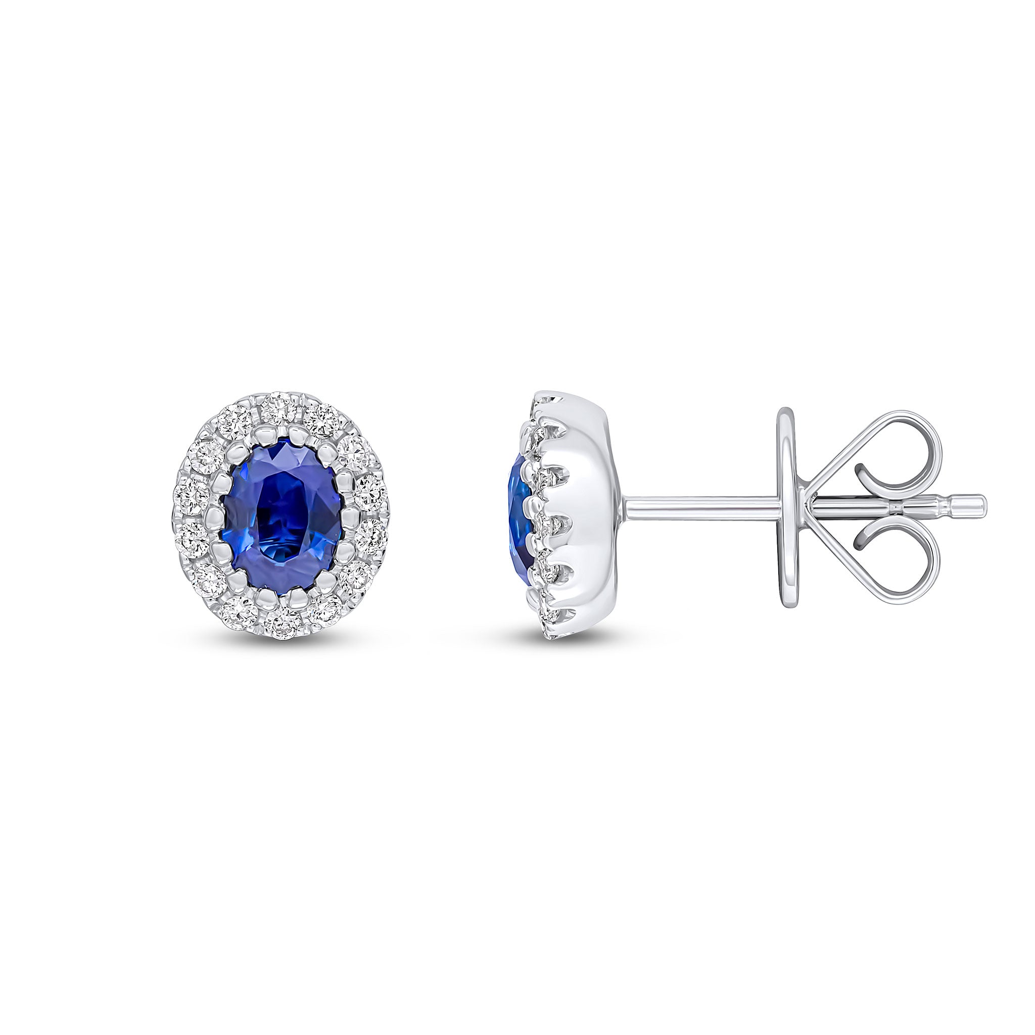 18ct White Gold 5x4 Oval Sapphire & Diamond Claw Set Cluster Earrings