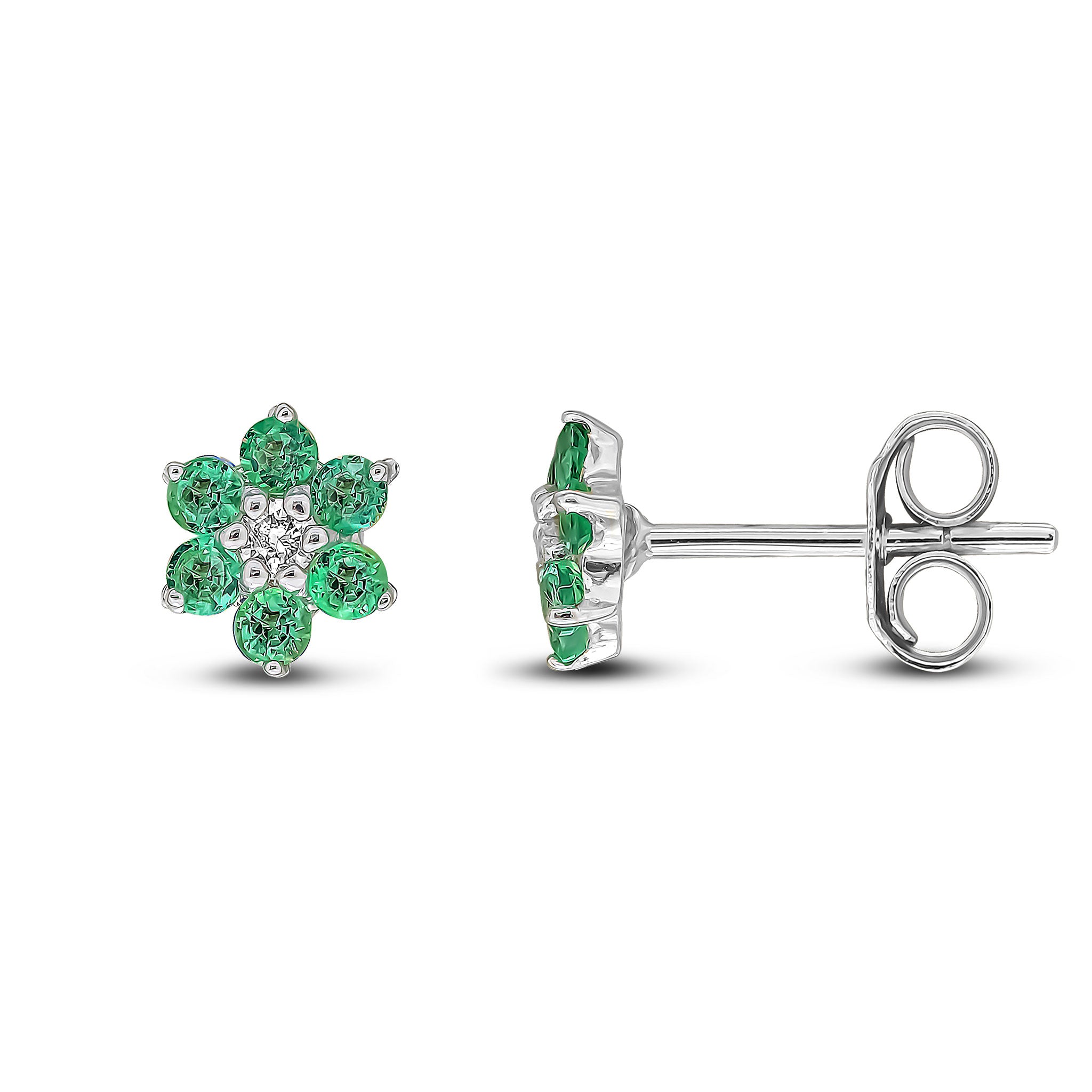 9ct White Gold Round Emerald and Round Diamond 6x1 Reverse Cluster Claw Earrings