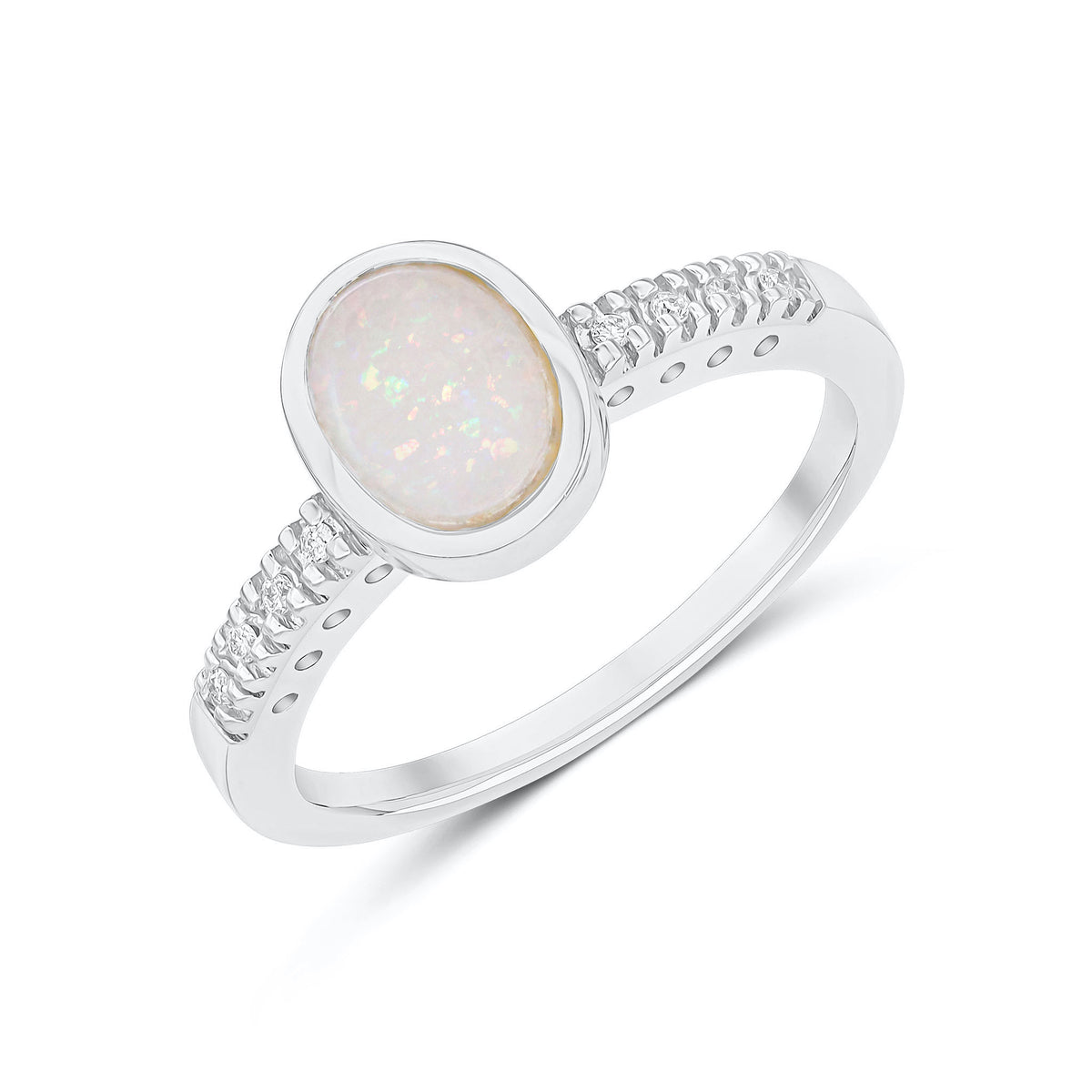 9ct White Gold Rubover 9x7 Oval Opal Single Stone Ring with Claw Set Diamond Shoulders
