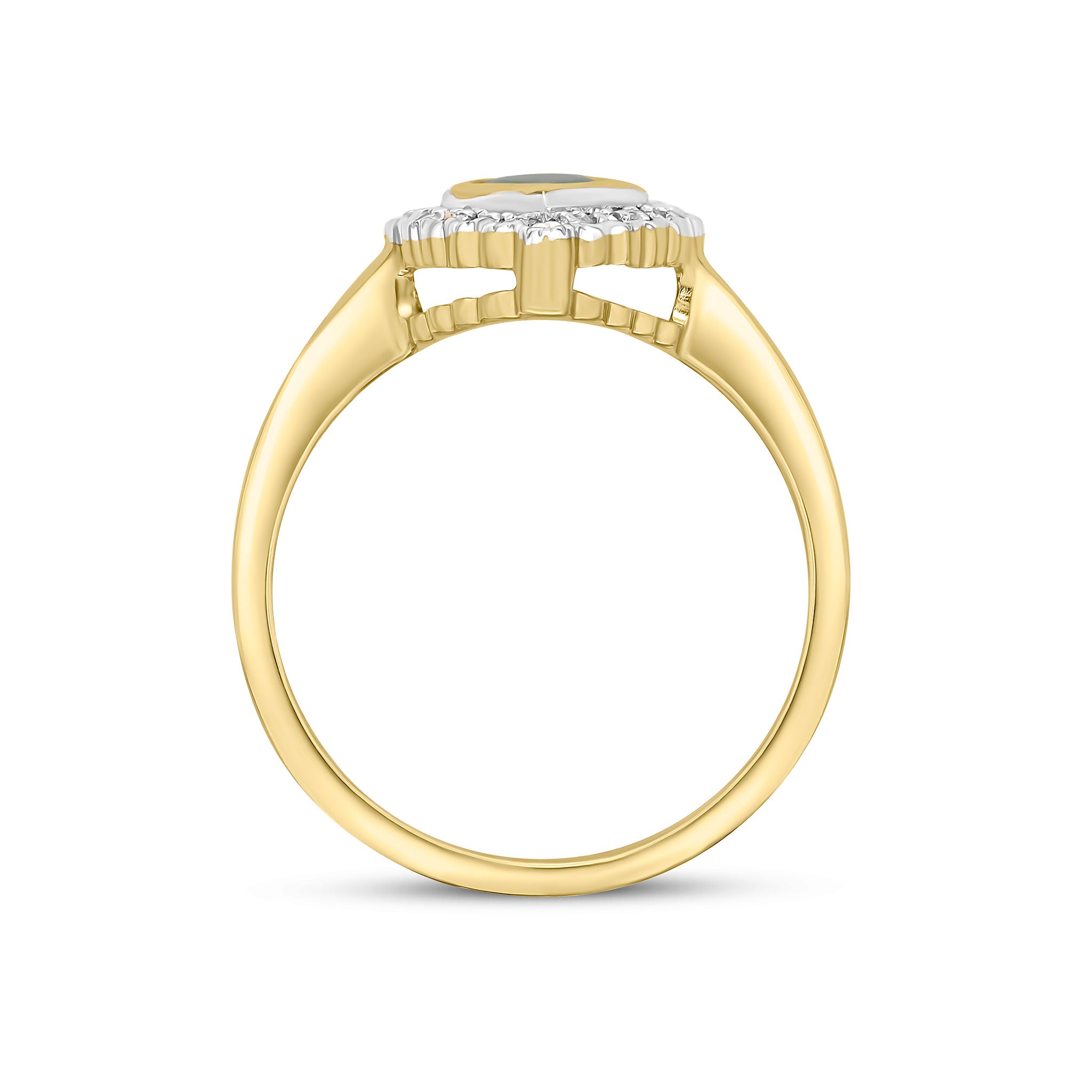 9CT YELLOW GOLD PEARSHAPE RUBOVER EMERALD AND MILLEGRAIN ROUND DIAMOND CLUSTER RING. RHODIUM TO DIAMONDS 1