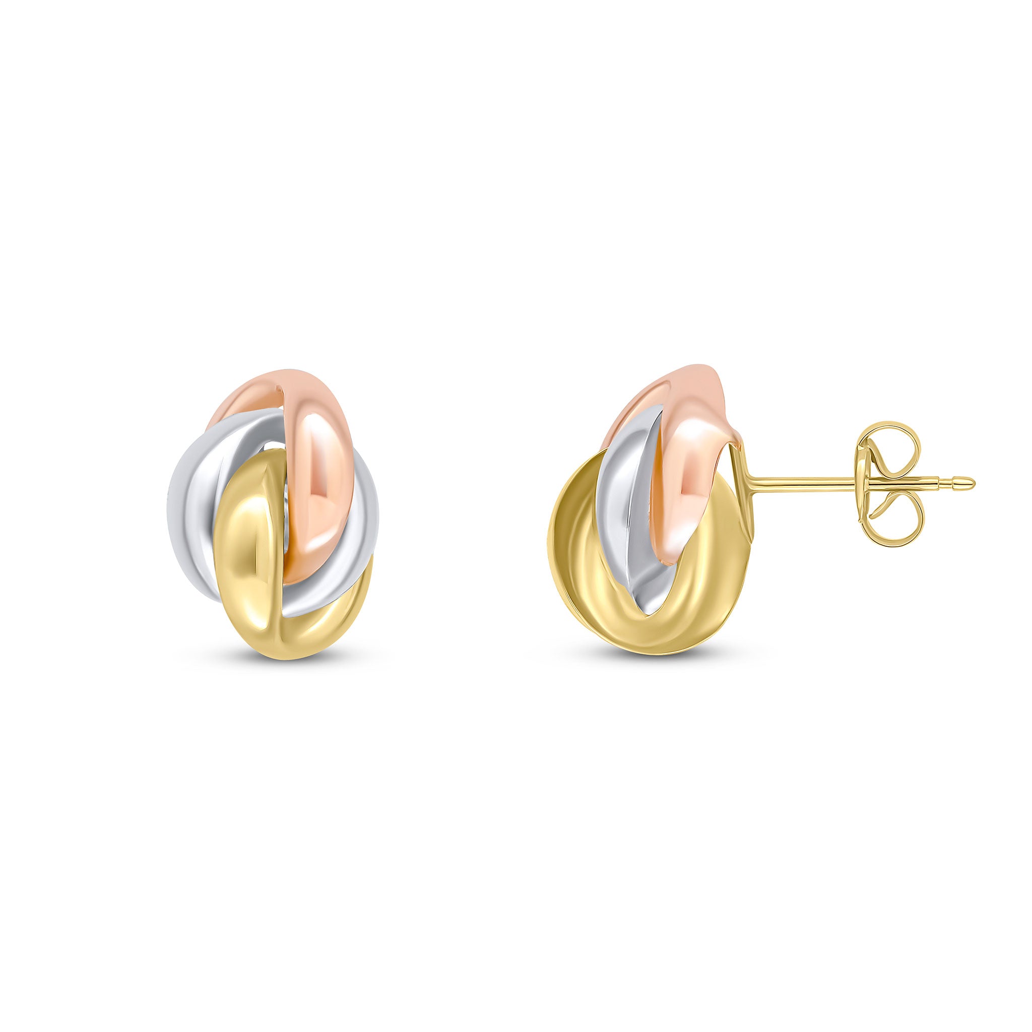 9ct Three Tone Yellow White Rose Gold Long Knot Stud Earrings