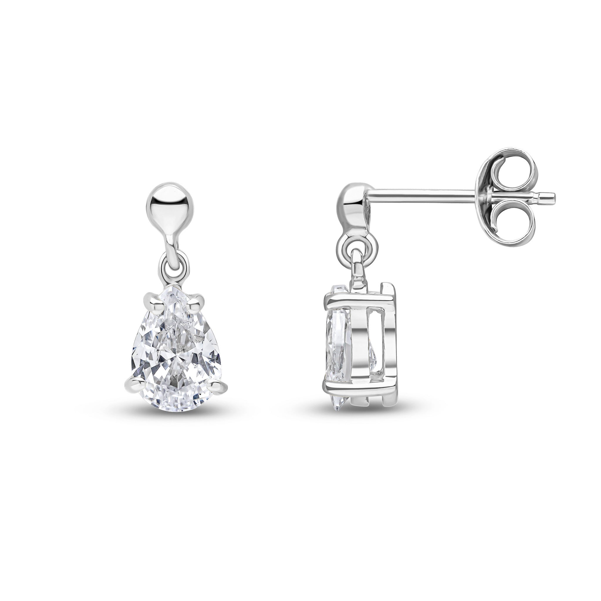 9ct White Gold 7x5 Pear Shape CZ Claw Set Drop Earrings with Bead Top