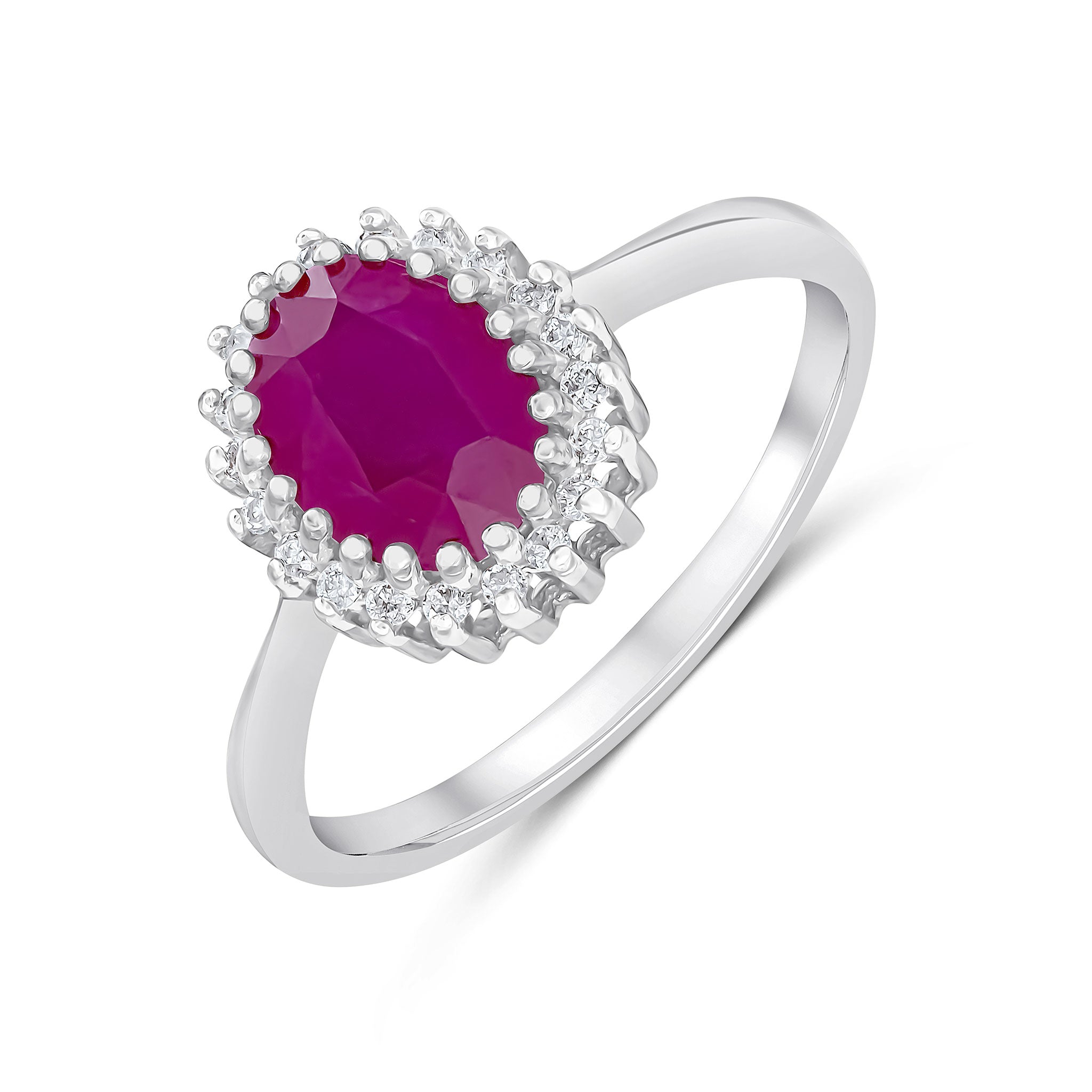 9ct White Gold 8x6 Oval Ruby & Diamond Claw Set Cluster Ring