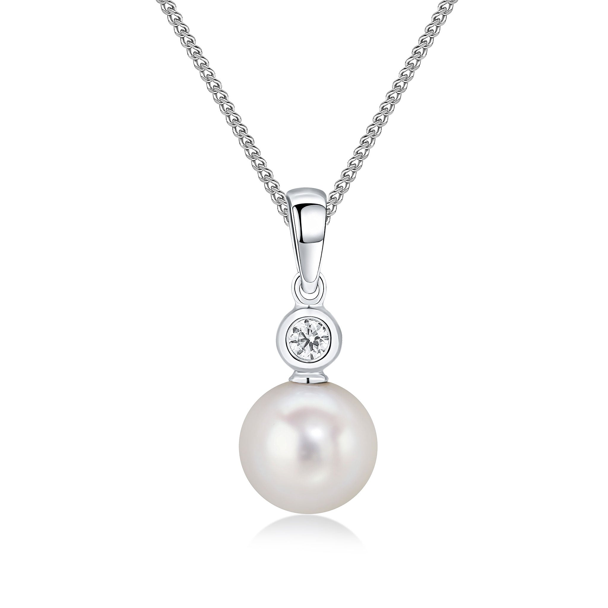 18ct White Gold Rubover Round Diamond & 8mm Cultured Freshwater Pearl 2 Stone Pendant