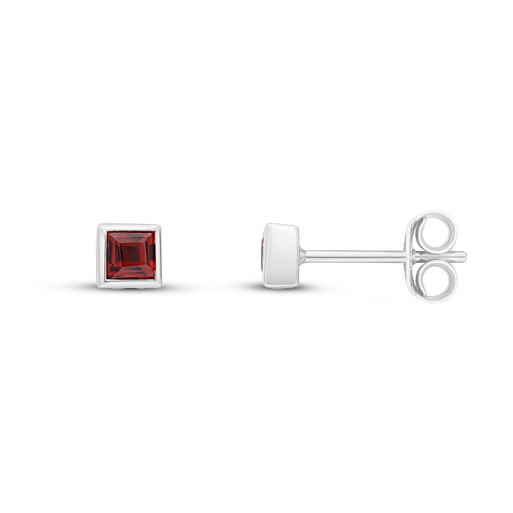 9ct White Gold 3mm Square Garnet Rubover Set Earrings