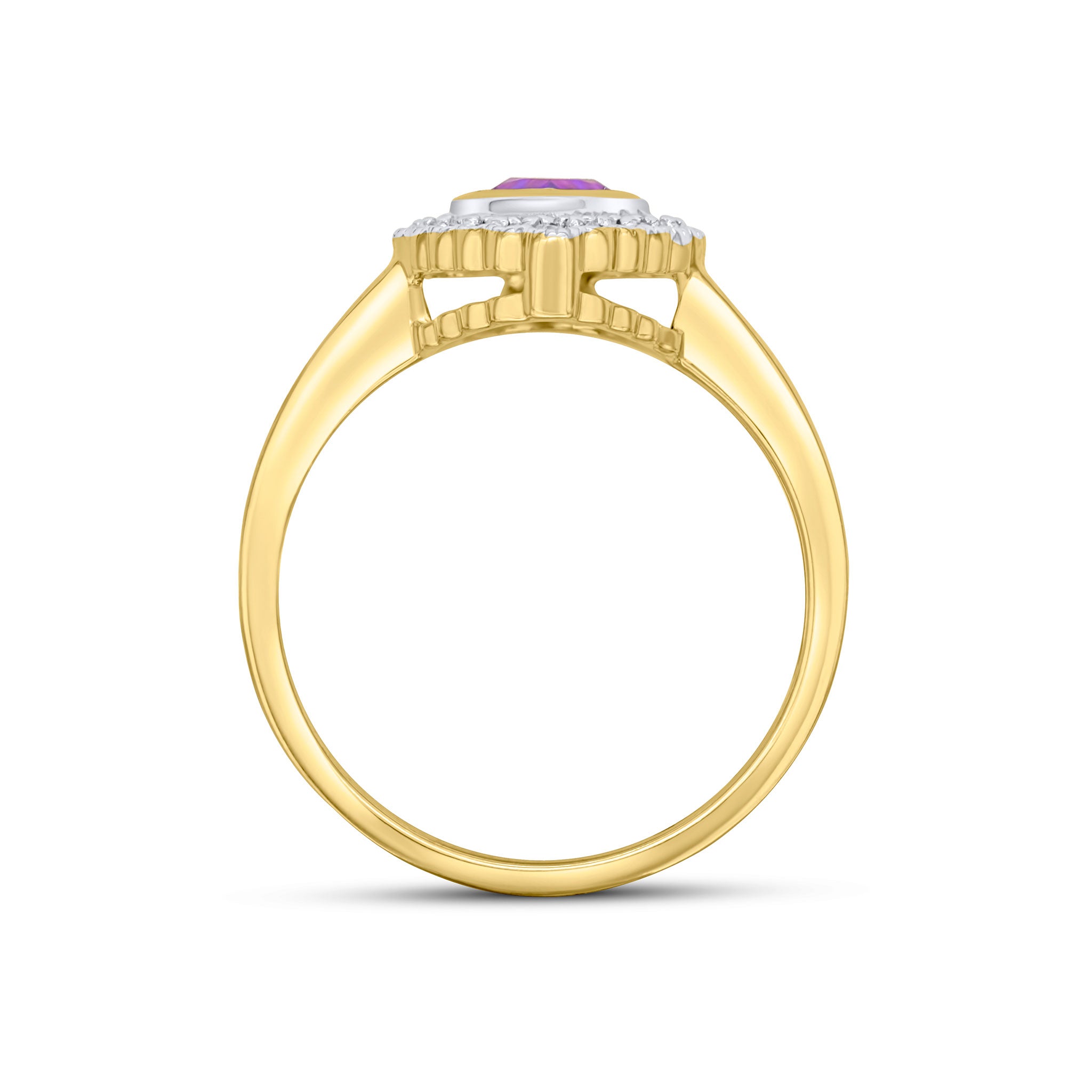 9CT YELLOW GOLD PEARSHAPE RUBOVER AMETHYST AND MILLEGRAIN ROUND DIAMOND CLUSTER RING. RHODIUM TO DIAMONDS 1