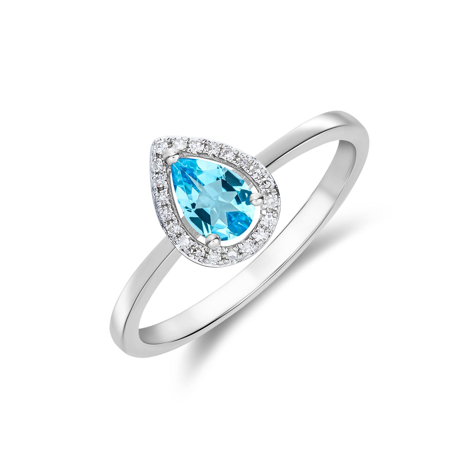 9ct White Gold 6x4 Pear Shape Swiss Blue Topaz & Diamond Halo Claw Cluster Ring