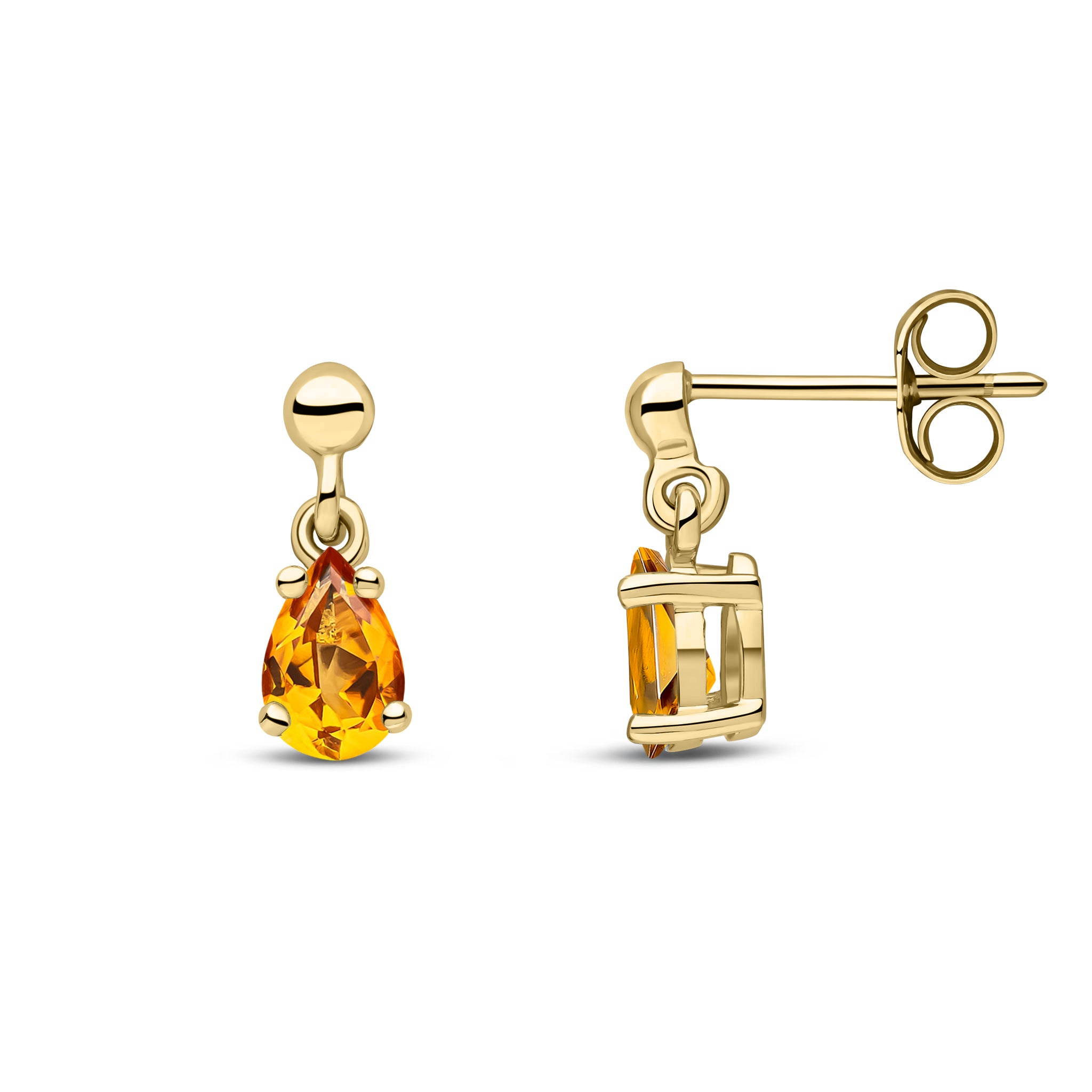 9ct Yellow Gold 6x4 Pear Shape Citrine Claw Set Drop Earrings with Bead Stud Top
