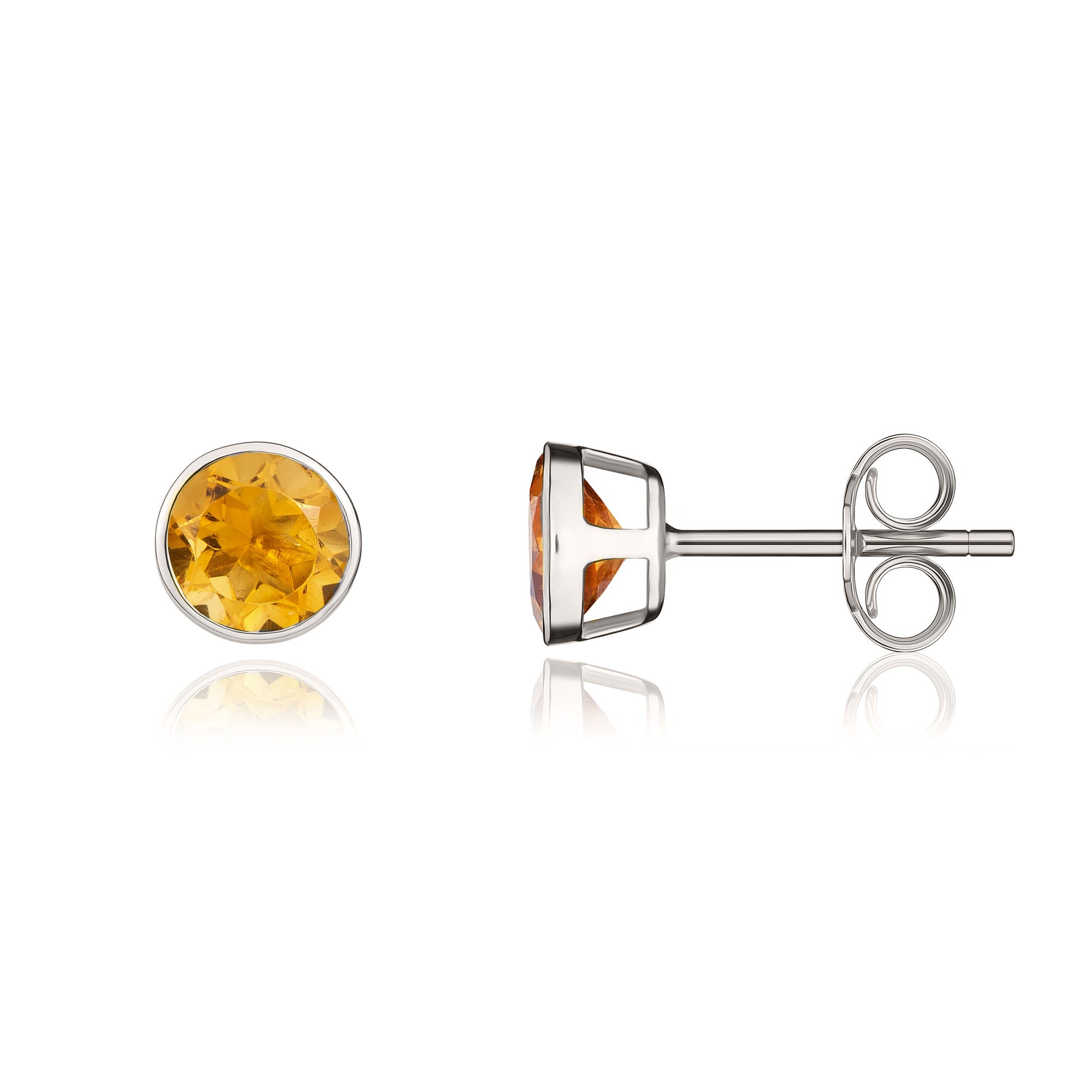 9ct White Gold 5mm Round Citrine Rubover Stud Earrings
