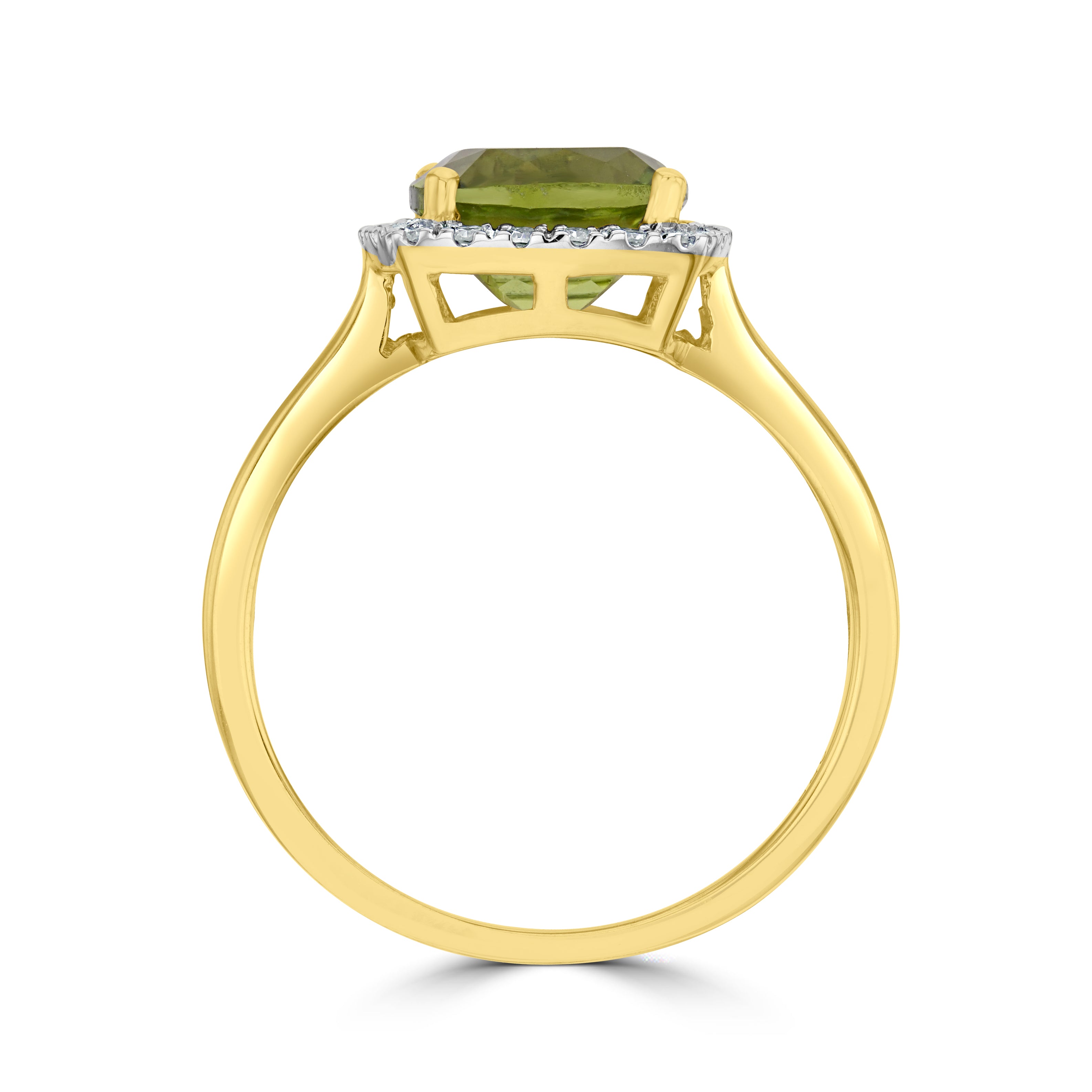 9CT YG 8MM CUSHION PERIDOT AND ROUND DIAMOND CLAW SET CLUSTER RING. RHODIUM TO DIAMONDS * CURRENTLY UNAVAILABLE DUE TO STONE SHORTAGE * 1