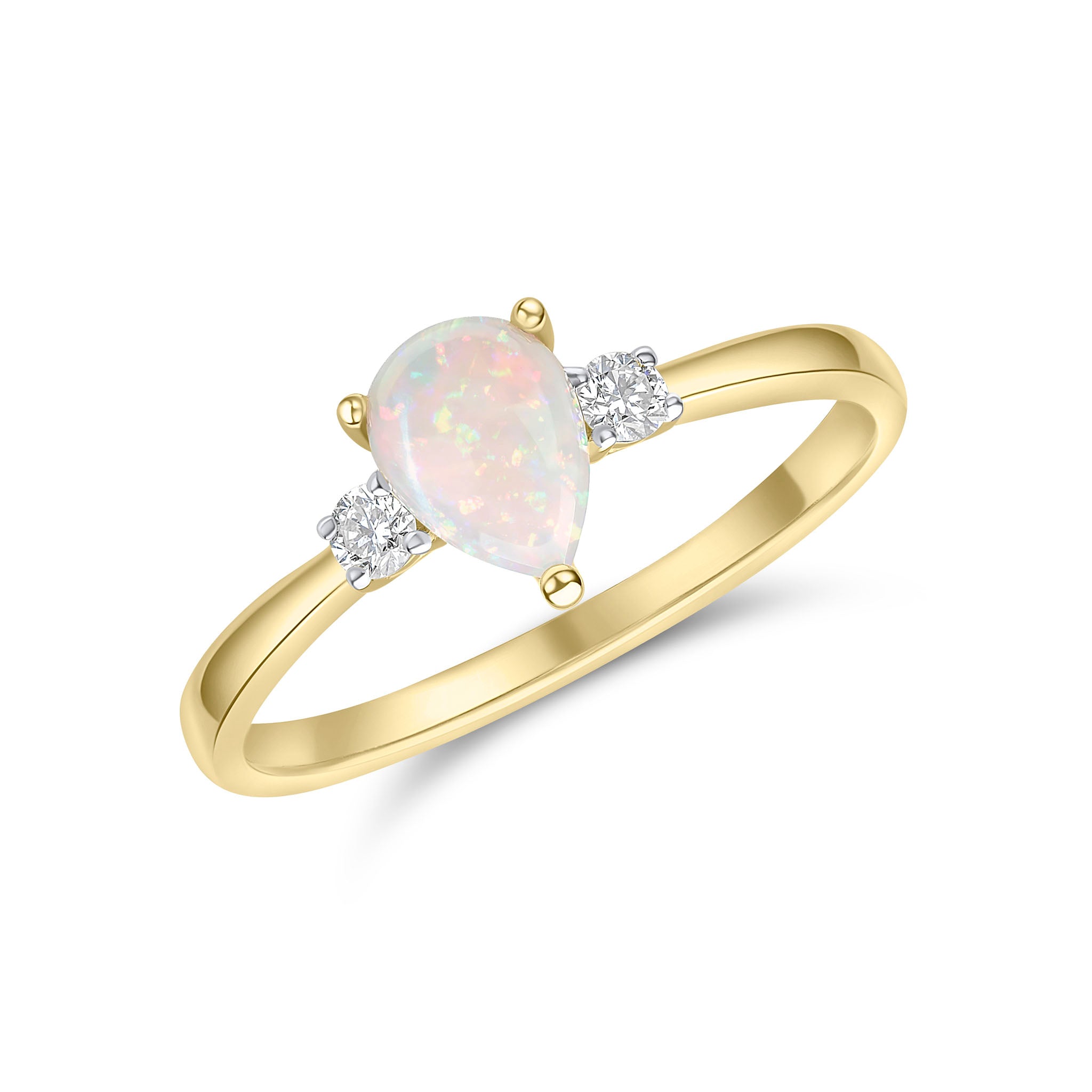 18ct Yellow Gold 7x5 Pear Shape Opal & Round Diamond Claw Set 3 Stone Ring Rhodium to Diamonds