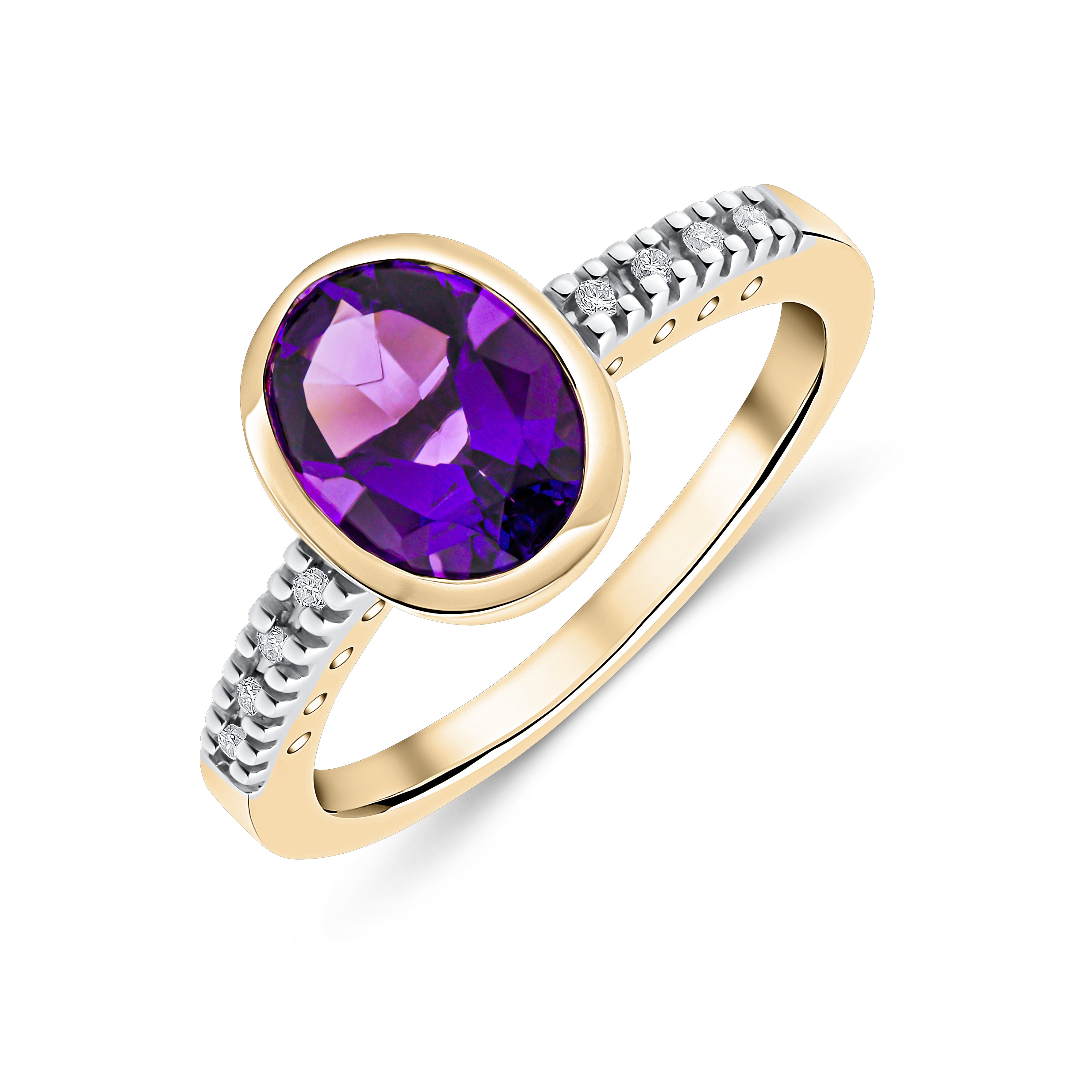 9CT YG RUBOVER 9X7 OVAL AMETHYST SINGLE STONE RING WITH CLAW SET DIAMOND SHOULDERS 1