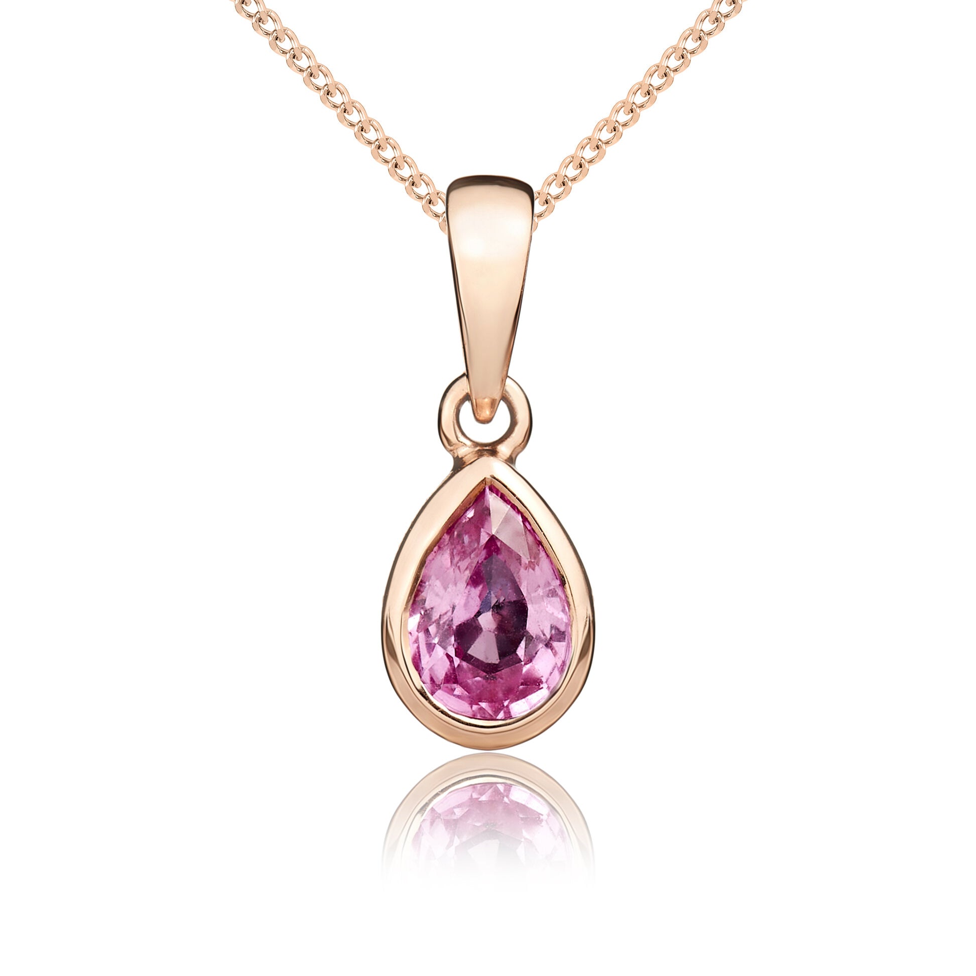 9ct Rose Gold 6x4 Pear Shape Pink Sapphire Rubover Single Stone Pendant