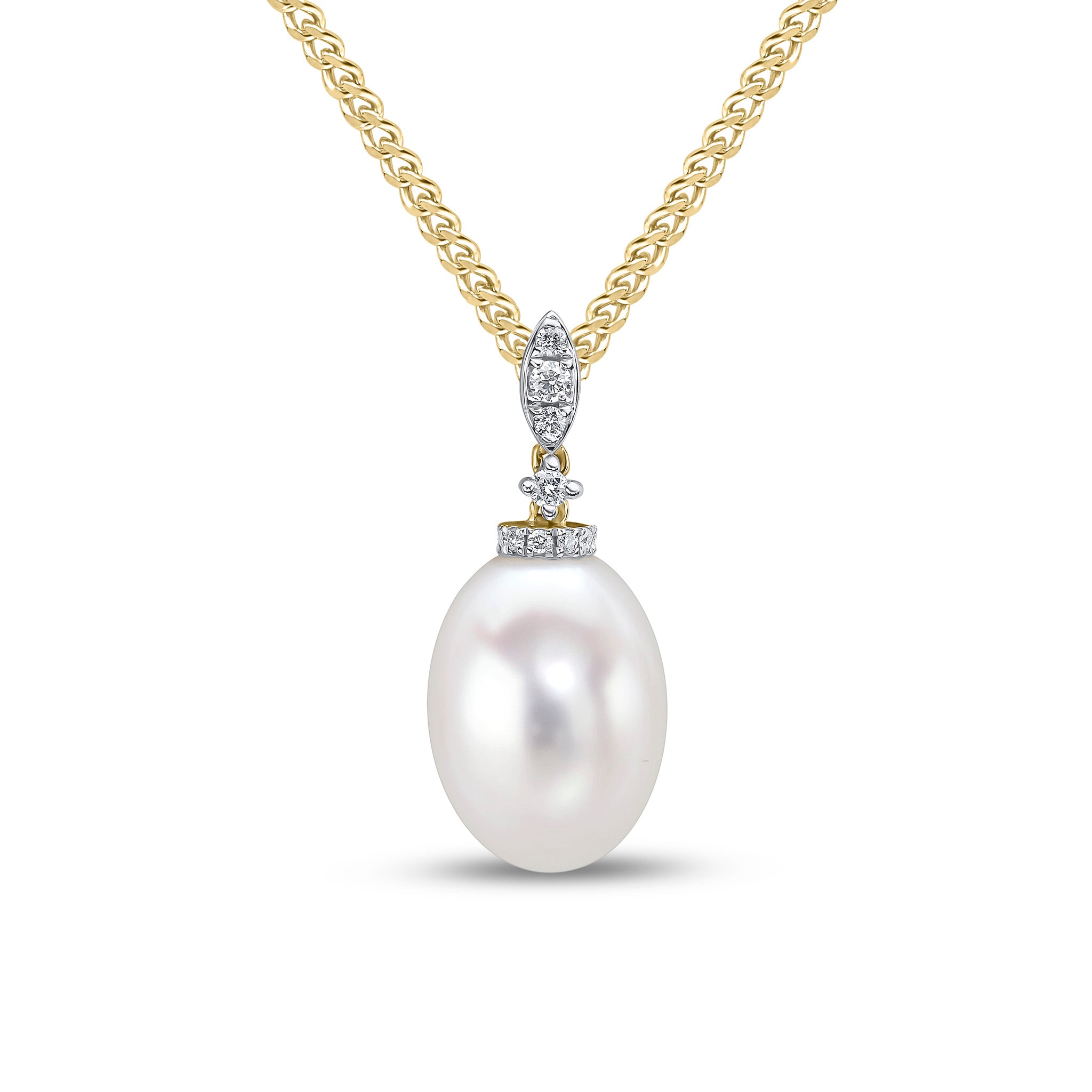 18ct Yellow Gold Diamond Top Pearl Drop Pendant Rhodium to Diamonds