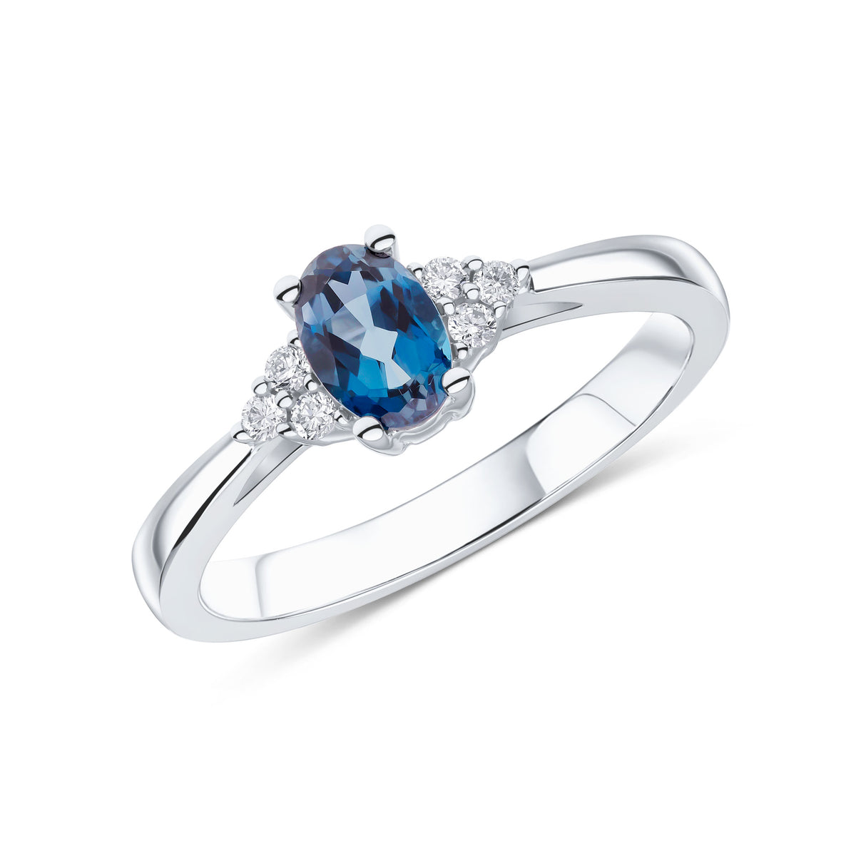 9ct White Gold 6x4 Oval London Blue Topaz and Round Diamond Trefoil Shoulders Ring