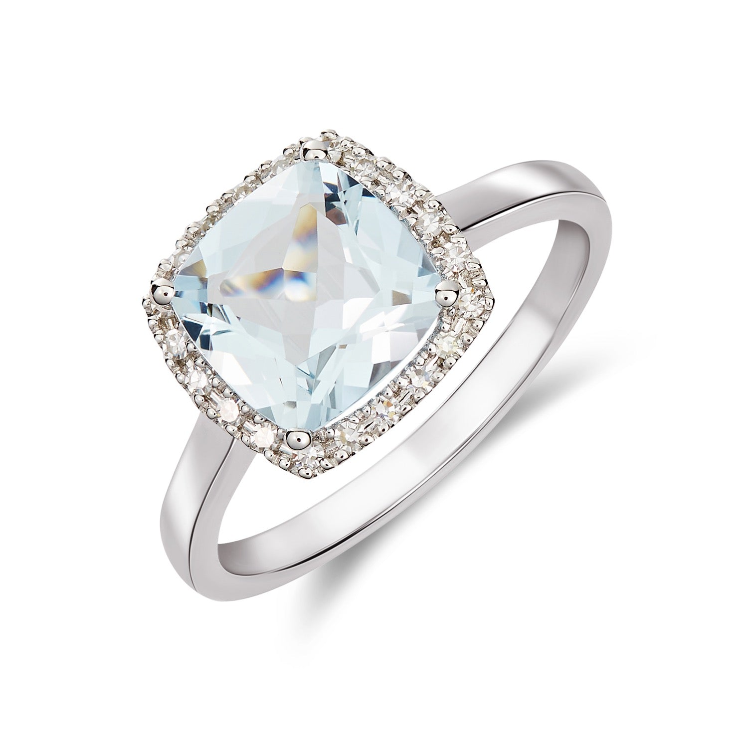 9ct White Gold 8mm Cushion Aquamarine & Round Diamond Claw Cluster Ring
