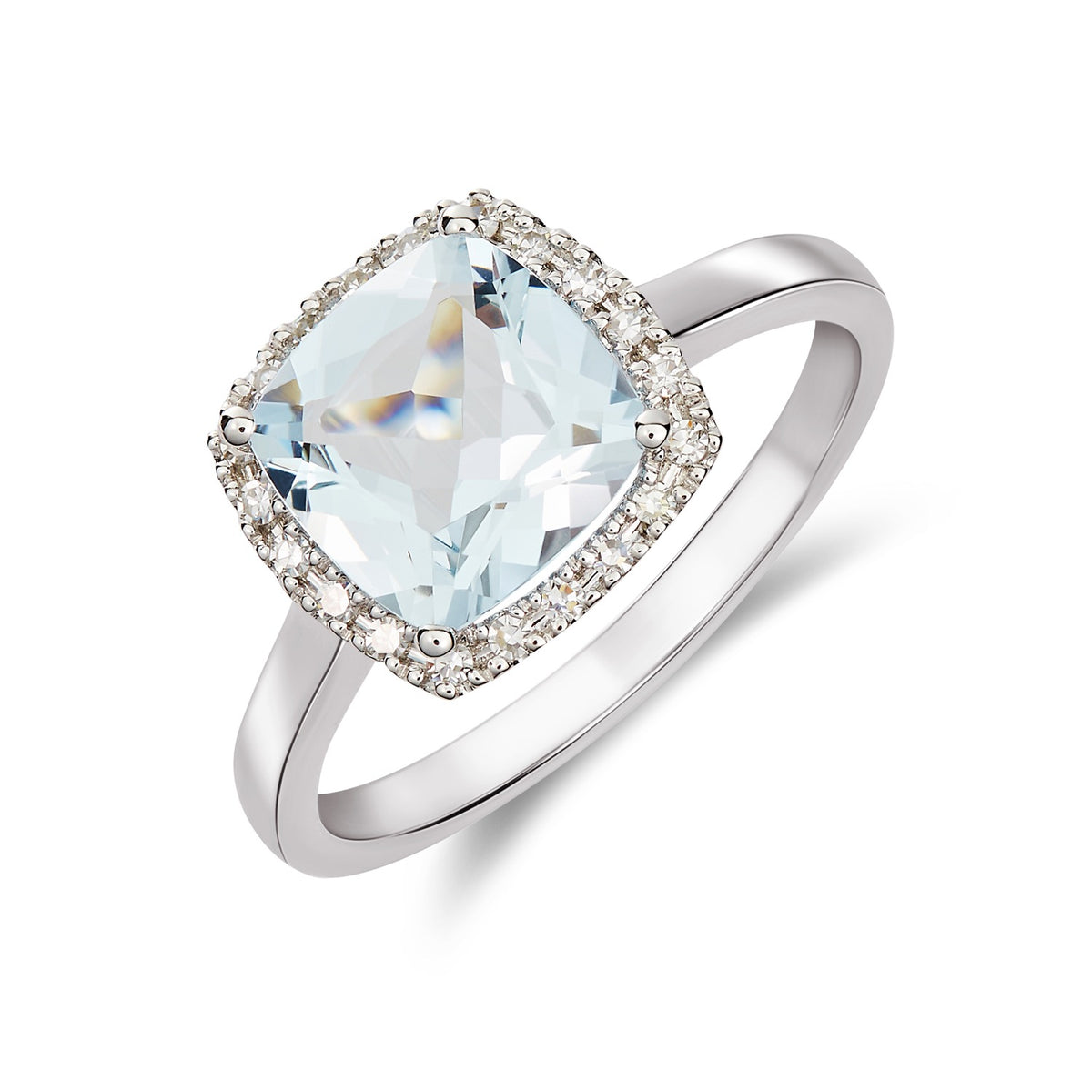 9ct White Gold 8mm Cushion Aquamarine & Round Diamond Claw Cluster Ring