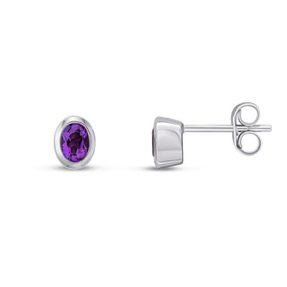 9ct white gold 4 x 3mm oval Amethyst rubover Earrings