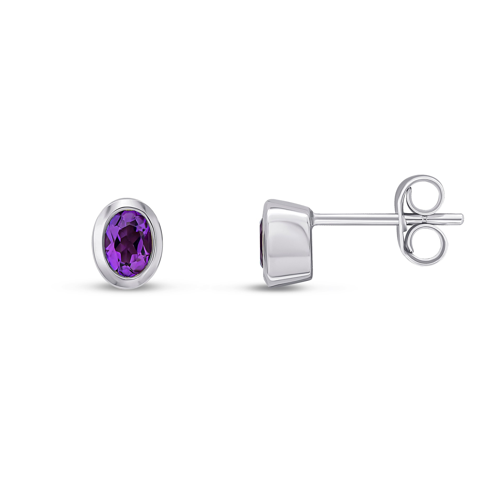 9ct white gold 4 x 3mm oval Amethyst rubover Earrings