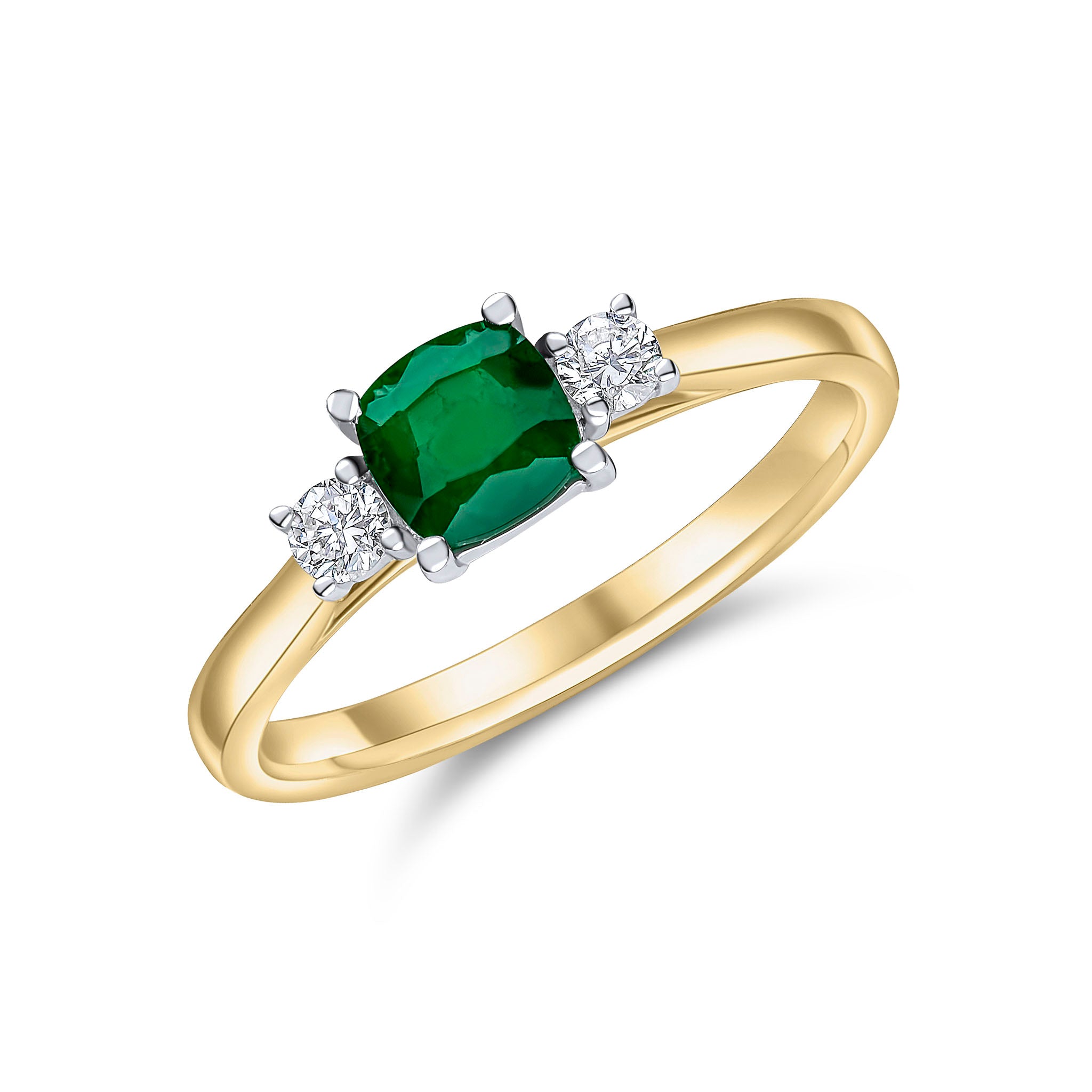 18ct Ywg 5mm Cushion Emerald and Round Diamond Claw Set 3 Stone Ring