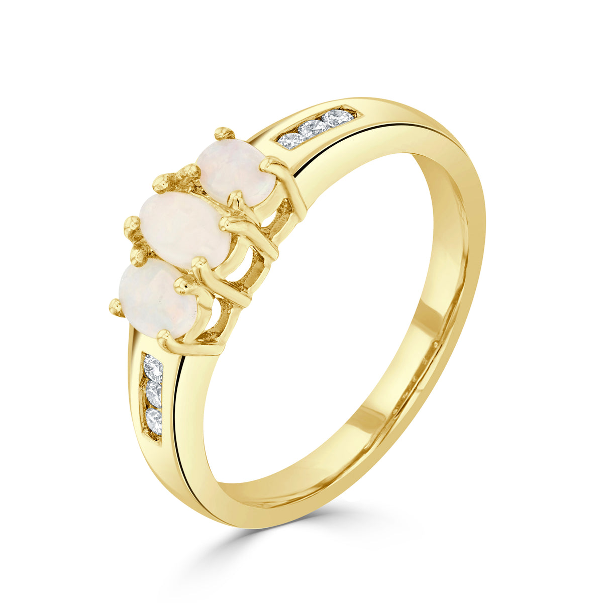 9ct Yellow Gold Oval Opal 3 Stone Ring with Channel Set Diamond Shoulders