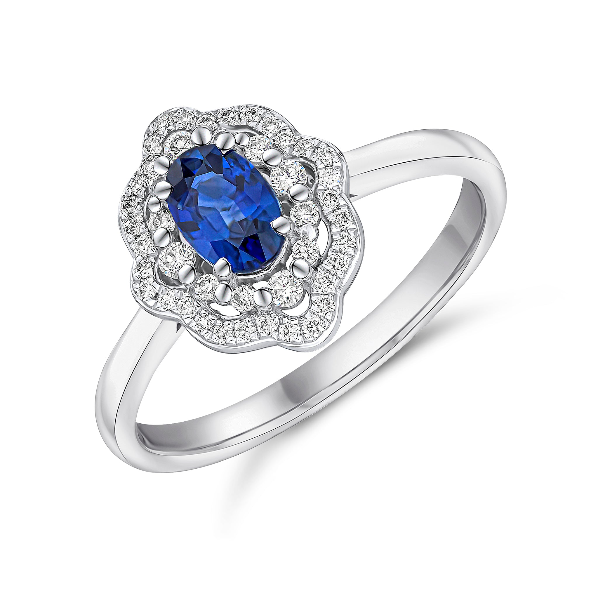 18wg Oval Sapphire & Diamond Two Row Fancy Cluster Ring