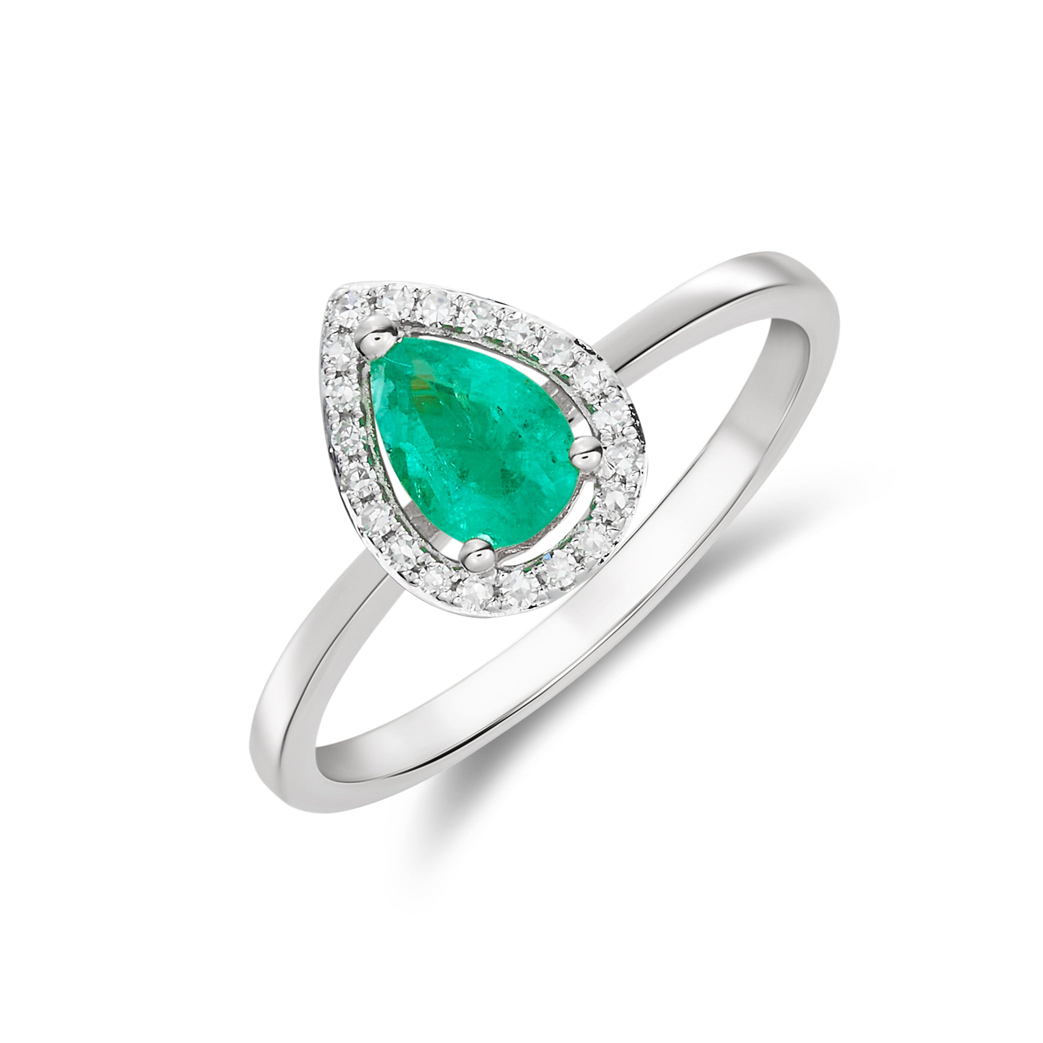 9ct White Gold 7x5 Pear Shape Emerald & Diamond Halo Claw Cluster Ring