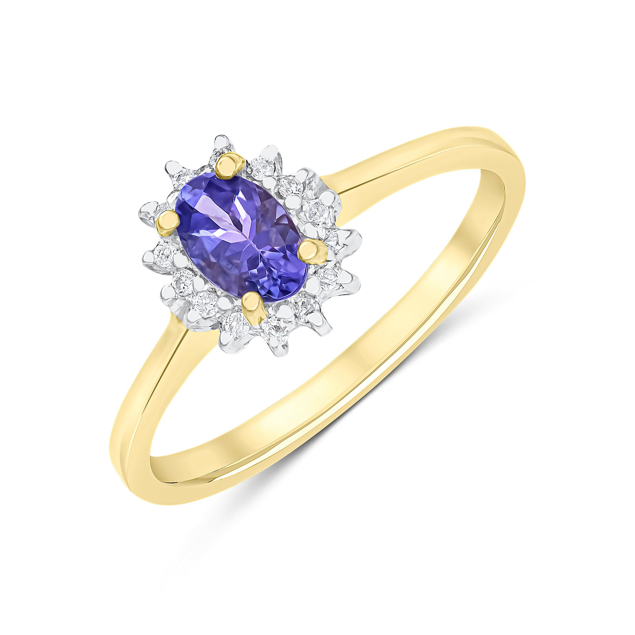 9ct Yellow Gold 6x4 Oval Tanzanite & Diamond Claw Set Cluster Ring Rhodium to Diamonds