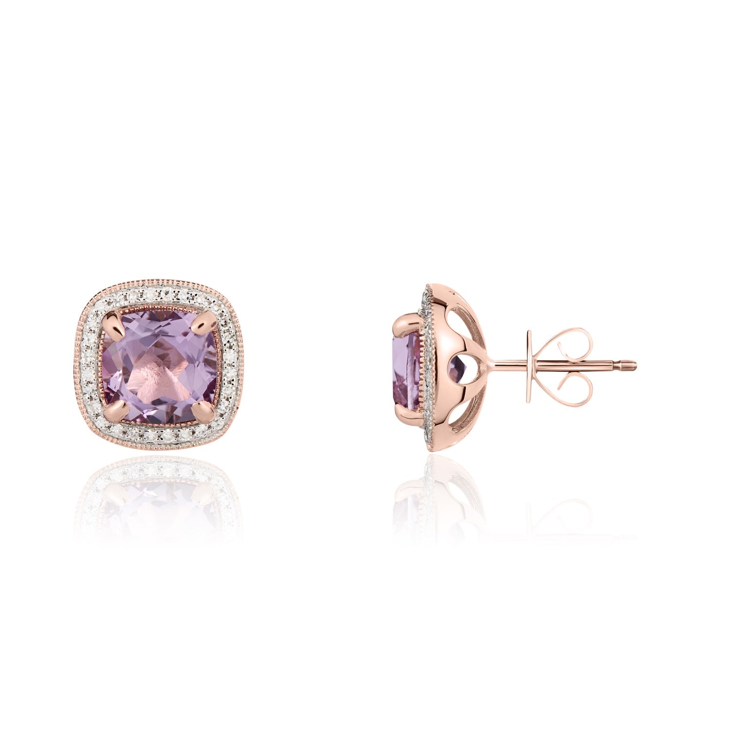 9ct Rose Gold 7mm Cushion Pink Amethyst and Diamond Cluster Earrings with Milgrain Edge Rhodium to Diamonds